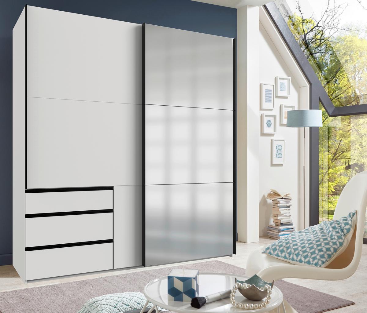 Schwebetürenschrank Level 36 A Weiß Dekor/Spiegel, B: 200cm - Weiß, MODERN, Glas/Holzwerkstoff (200/216/65cm) - MID.YOU