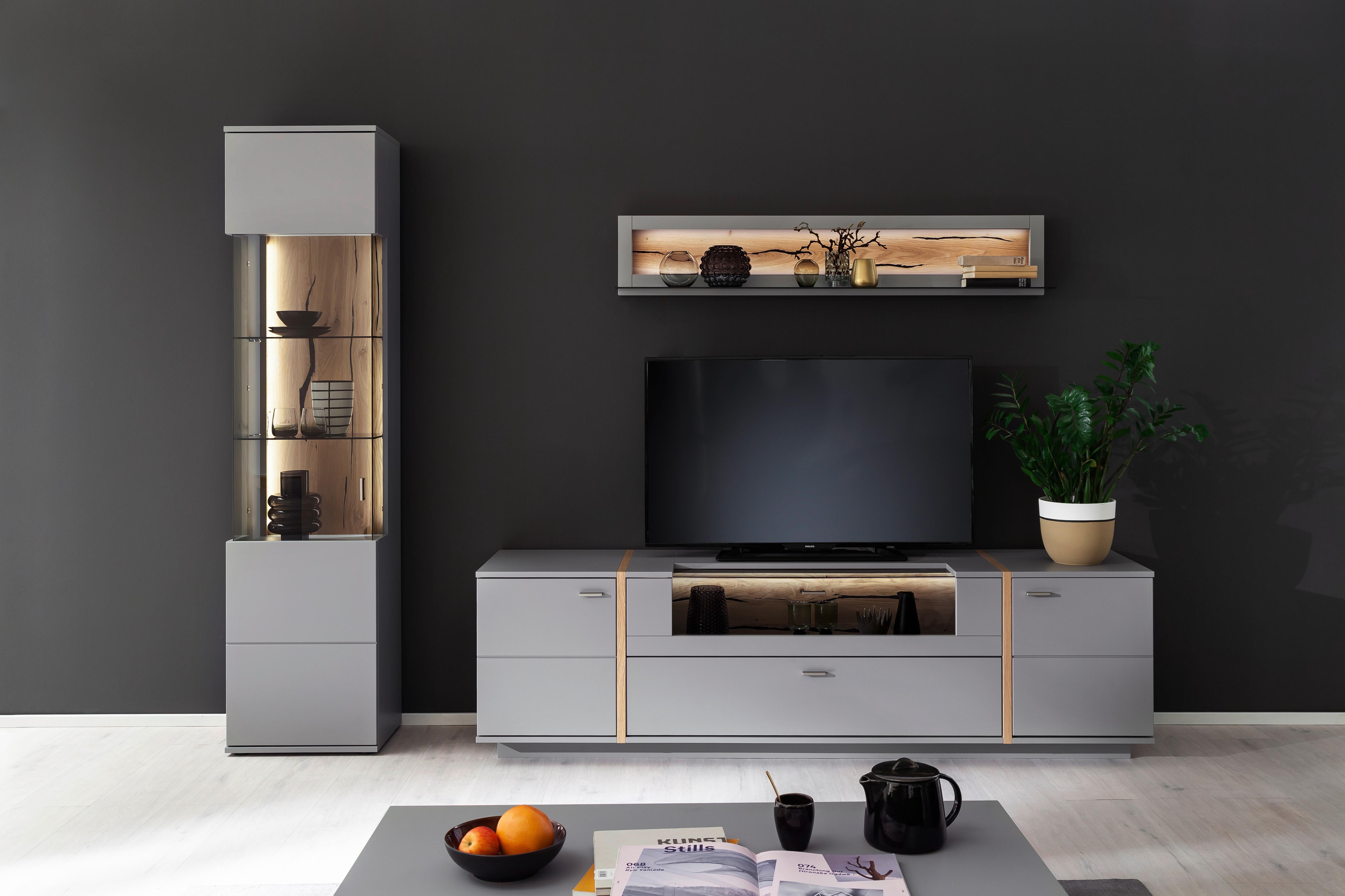 Wohnkombination teilmassiv 3--teilig. Sevilla Grau/Eiche - Eichefarben/Schwarz, Design, Glas/Holzwerkstoff (276/207/50cm) - MID.YOU