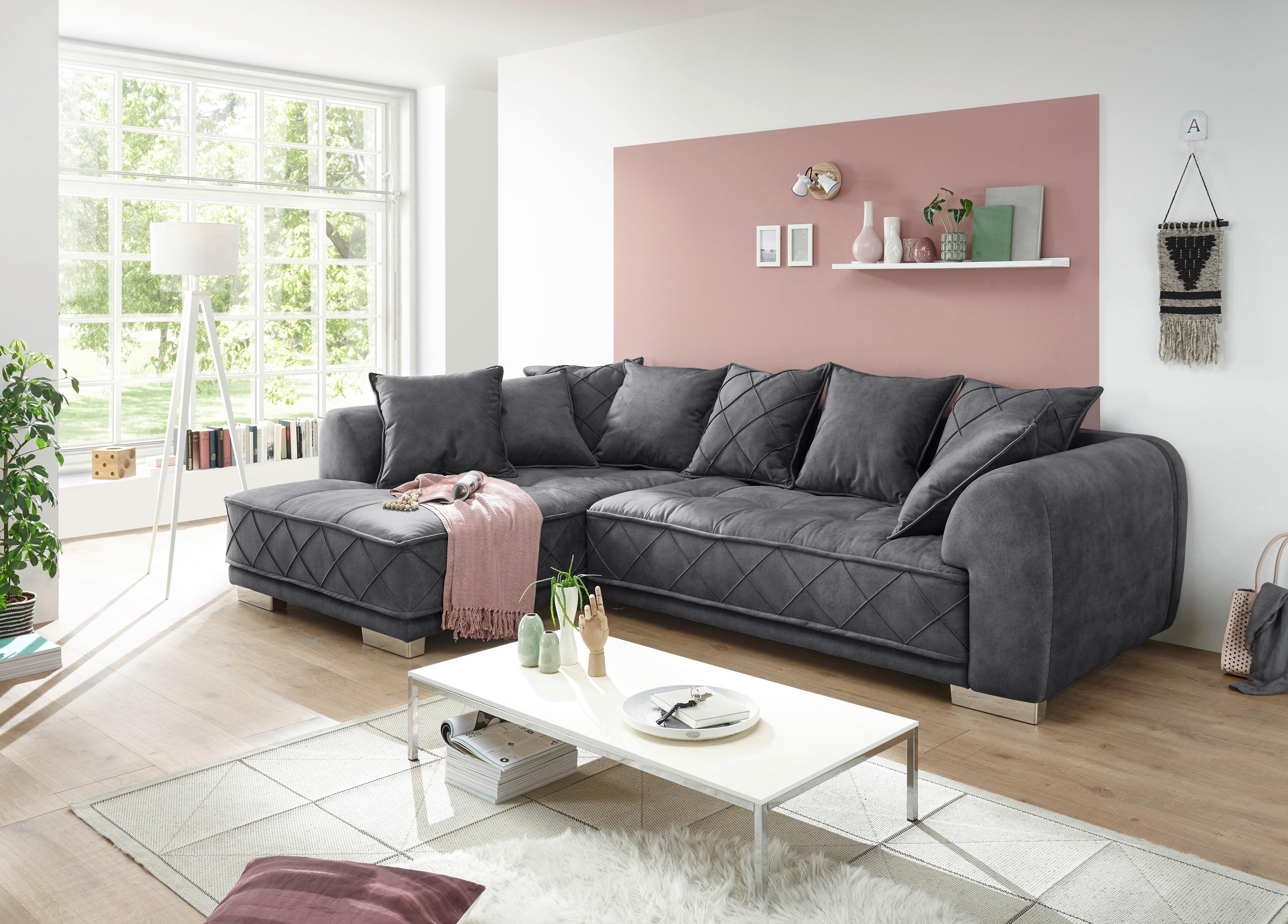 Ecksofa mit Flexibler Ottomane Sentina, Stoffbezug - Anthrazit/Silberfarben, Basics, Holzwerkstoff/Textil (194/319cm) - MID.YOU