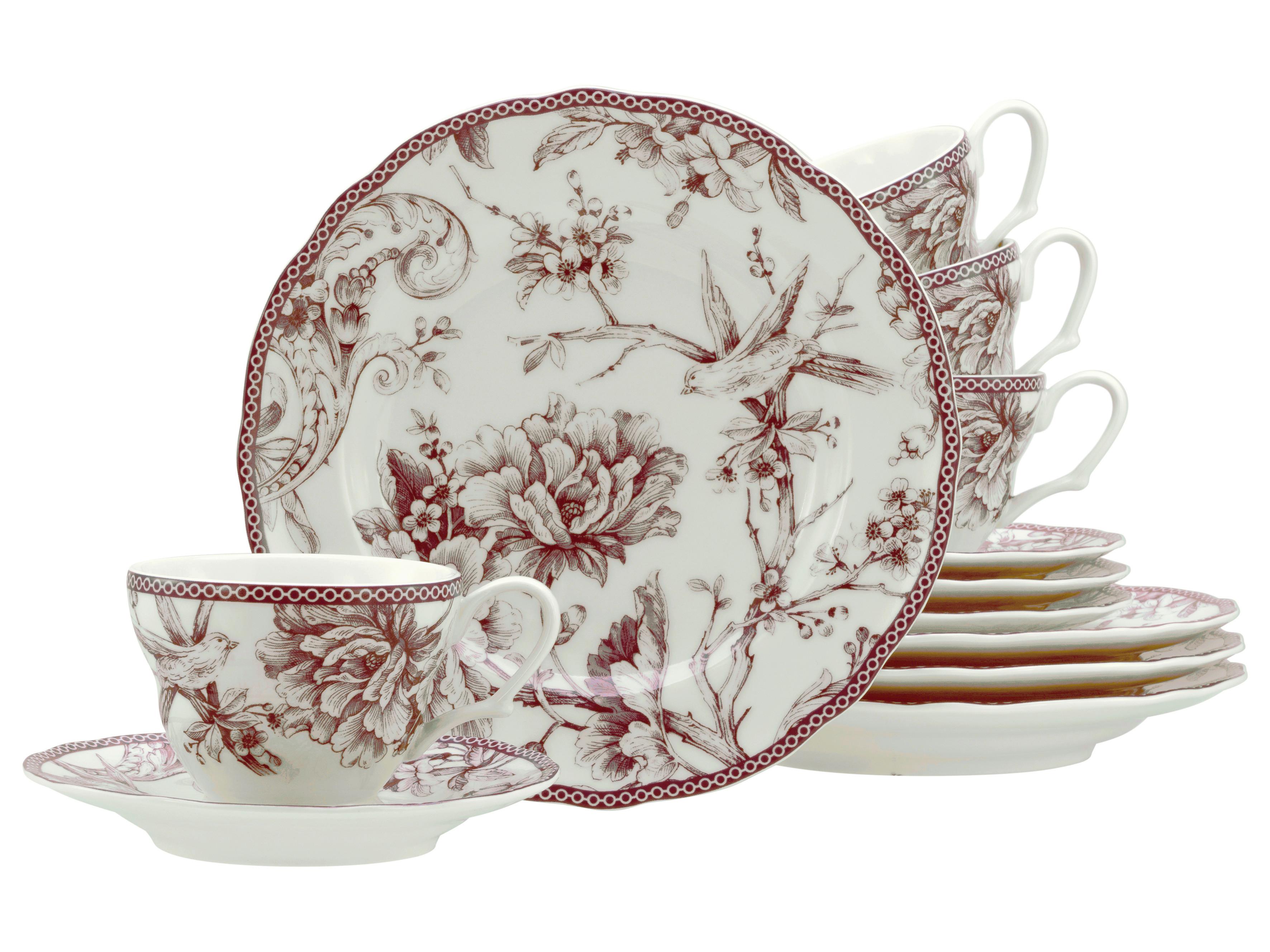 KAFFEESERVICE Keramik, Weiß/Bordeaux, 12-tlg - Bordeaux/Weiß, Basics, Keramik - Creatable