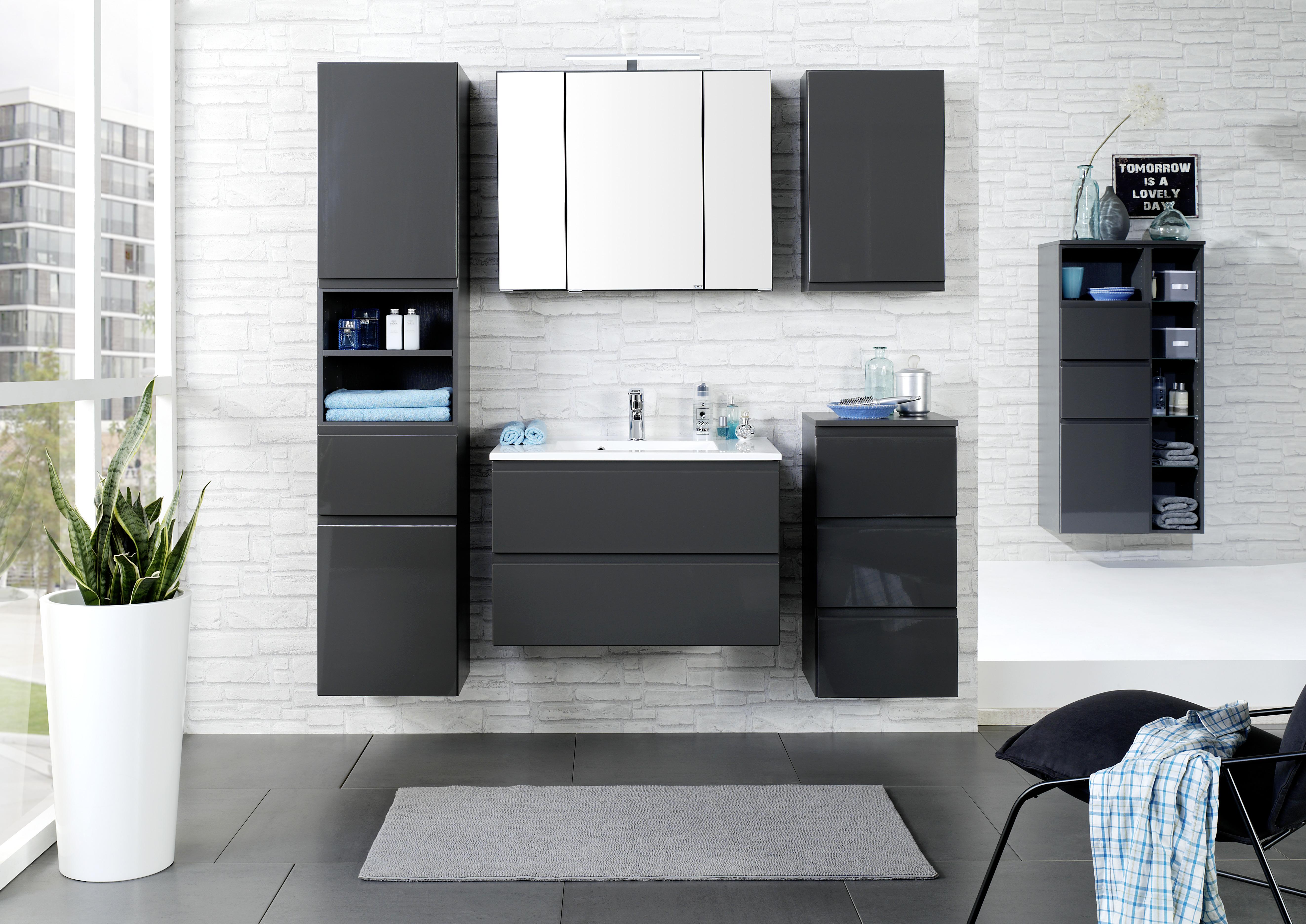 Midischrank Mit Soft-Close Cardiff 65cm, Graphit Dekor - Graphitfarben, Design, Holzwerkstoff (65/130/35cm) - Held