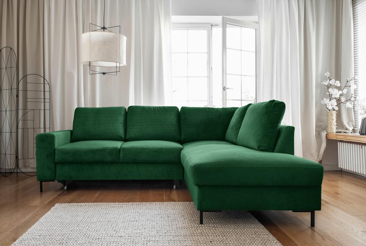 Sedačka LEONIE L, pravá, smaragdovozelený menčester - čierna/smaragdovozelená, Design, kov/drevo (237/197cm)