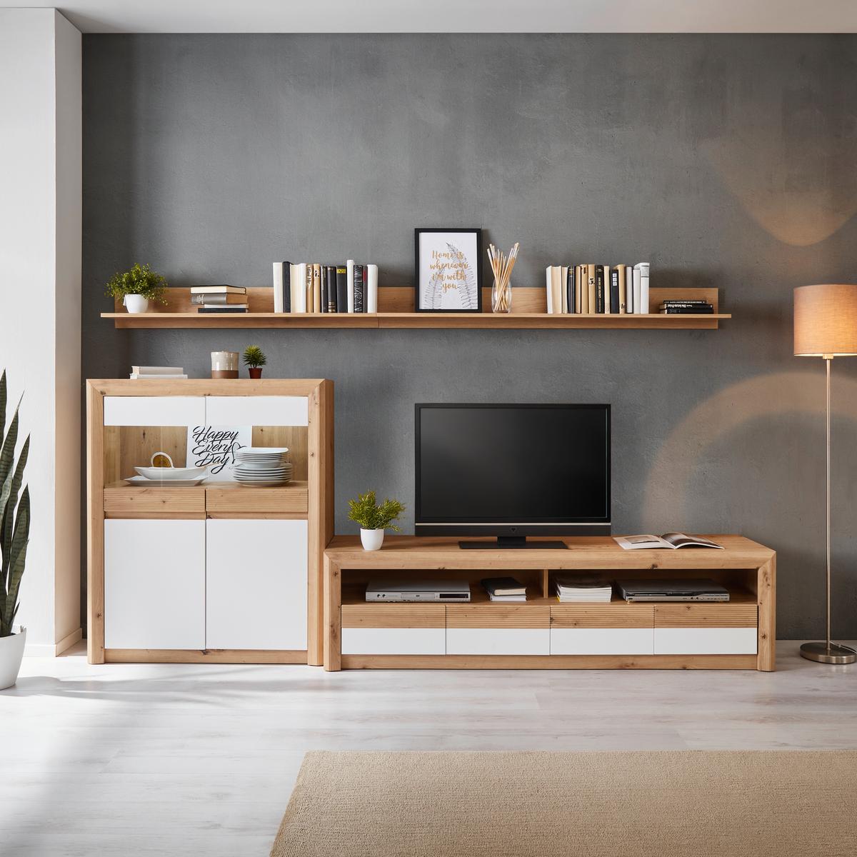 Wohnkombination 5 -teilig. Mit Led Kashmir New 5 Eiche Dekor/weiß - Eichefarben/Weiß, MODERN, Holzwerkstoff (285/192/49cm) - James Wood