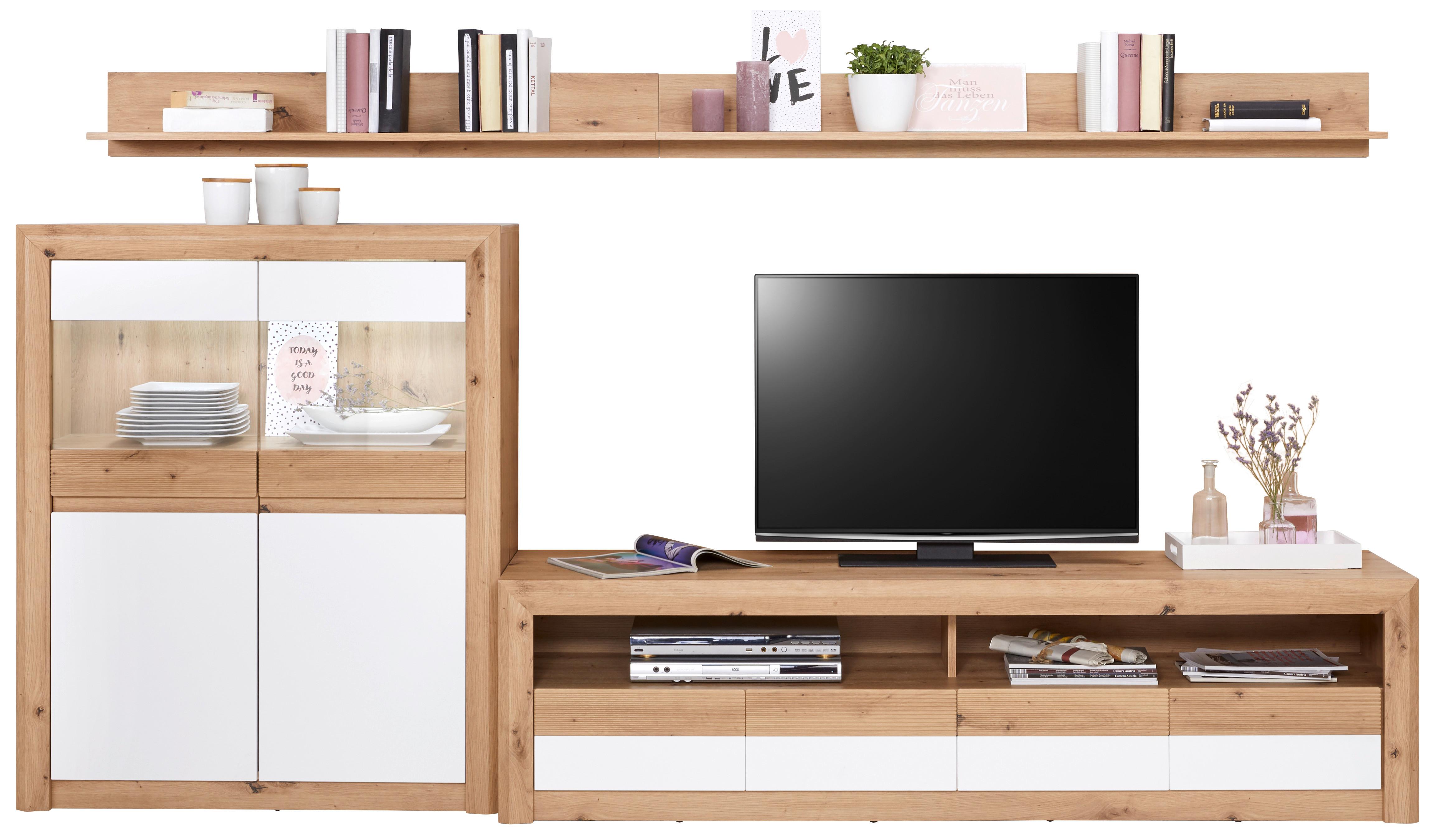 Wohnkombination 5 -Teilig. mit Led Kashmir New 5 Eiche Dekor/Weiß - Eichefarben/Weiß, MODERN, Holzwerkstoff (285/192/49cm) - James Wood