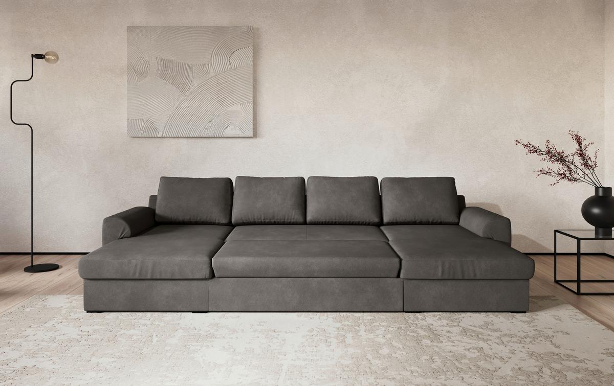 Wohnlandschaft m. Bettfunktion Mikrofaser grau, B: 327cm - Schwarz/Grau, Trend, Textil (154/327/86cm) - MID.YOU