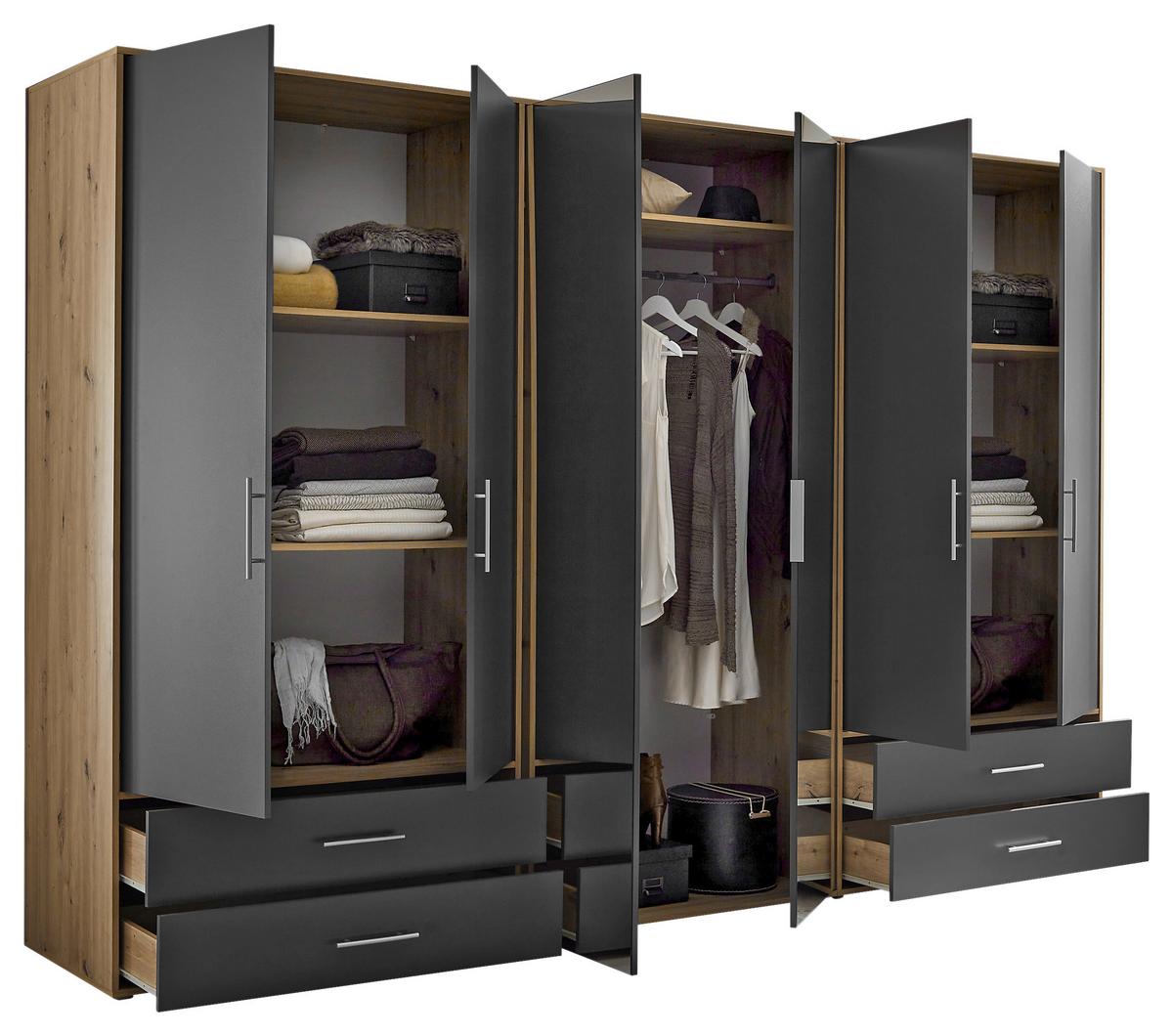 Drehtürenschrank Mit Speigel 302cm Velas Graphitfarben - Graphitfarben/Eiche Artisan, KONVENTIONELL, Glas/Holzwerkstoff (305/207/58cm)