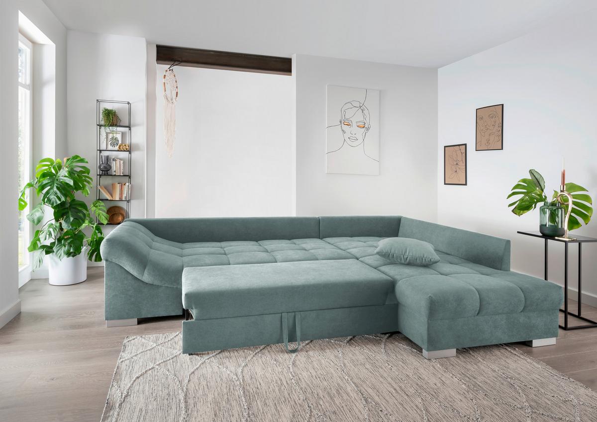 Eckschlafsofa Alvito Mintgrün S: 298/202 cm - Silberfarben/Mintgrün, Design, Textil (298/202cm) - MID.YOU