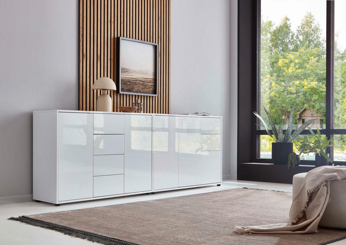 Sideboard Mailand Weiß B: 211 cm - Weiß Hochglanz/Schwarz, MODERN, Holzwerkstoff (211/73/33cm) - MID.YOU