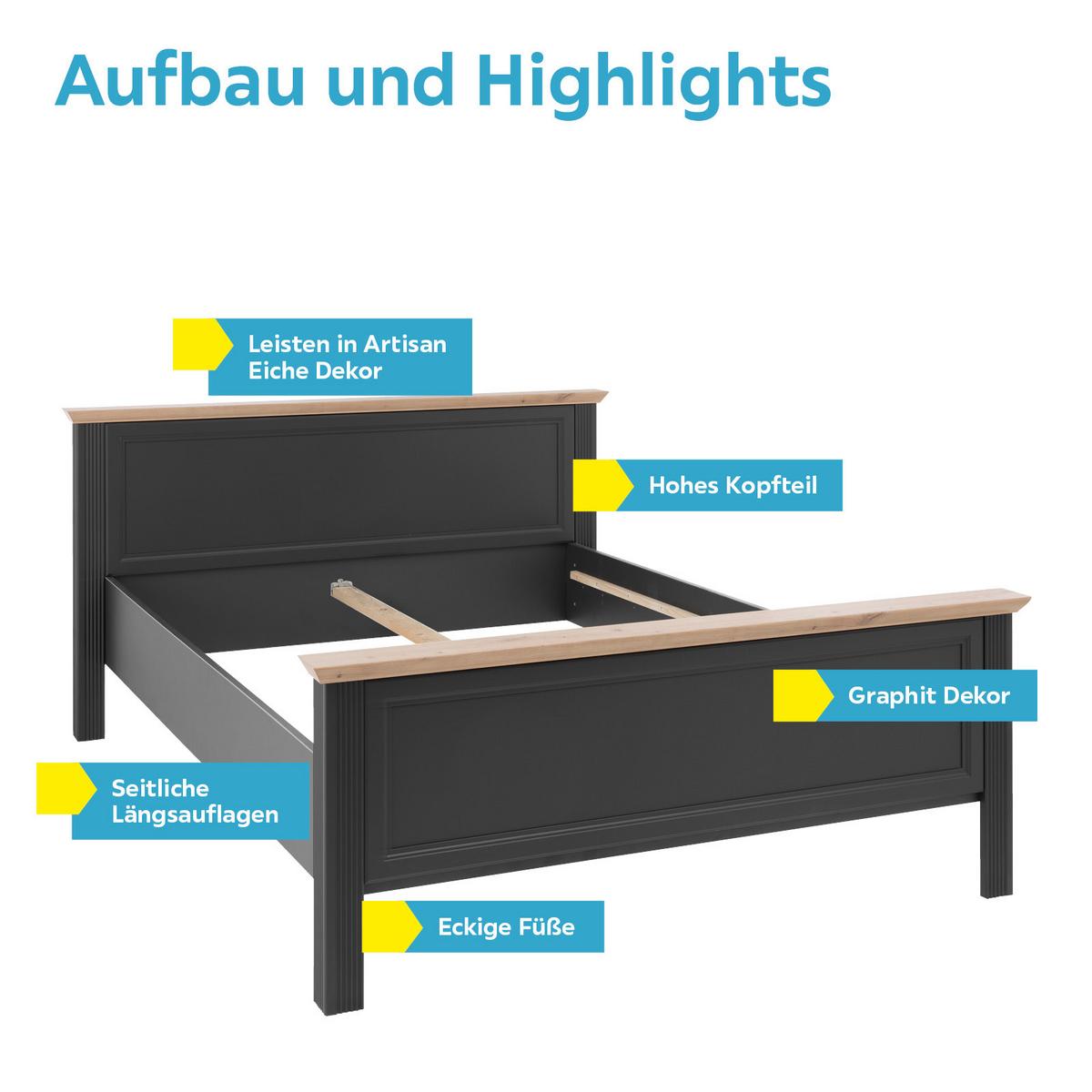 Doppelbett Landhaus-stil 160x200 Jasmin Ii Graphitfarb. - Graphitfarben/Schwarz, LIFESTYLE, Holzwerkstoff (160/200cm)