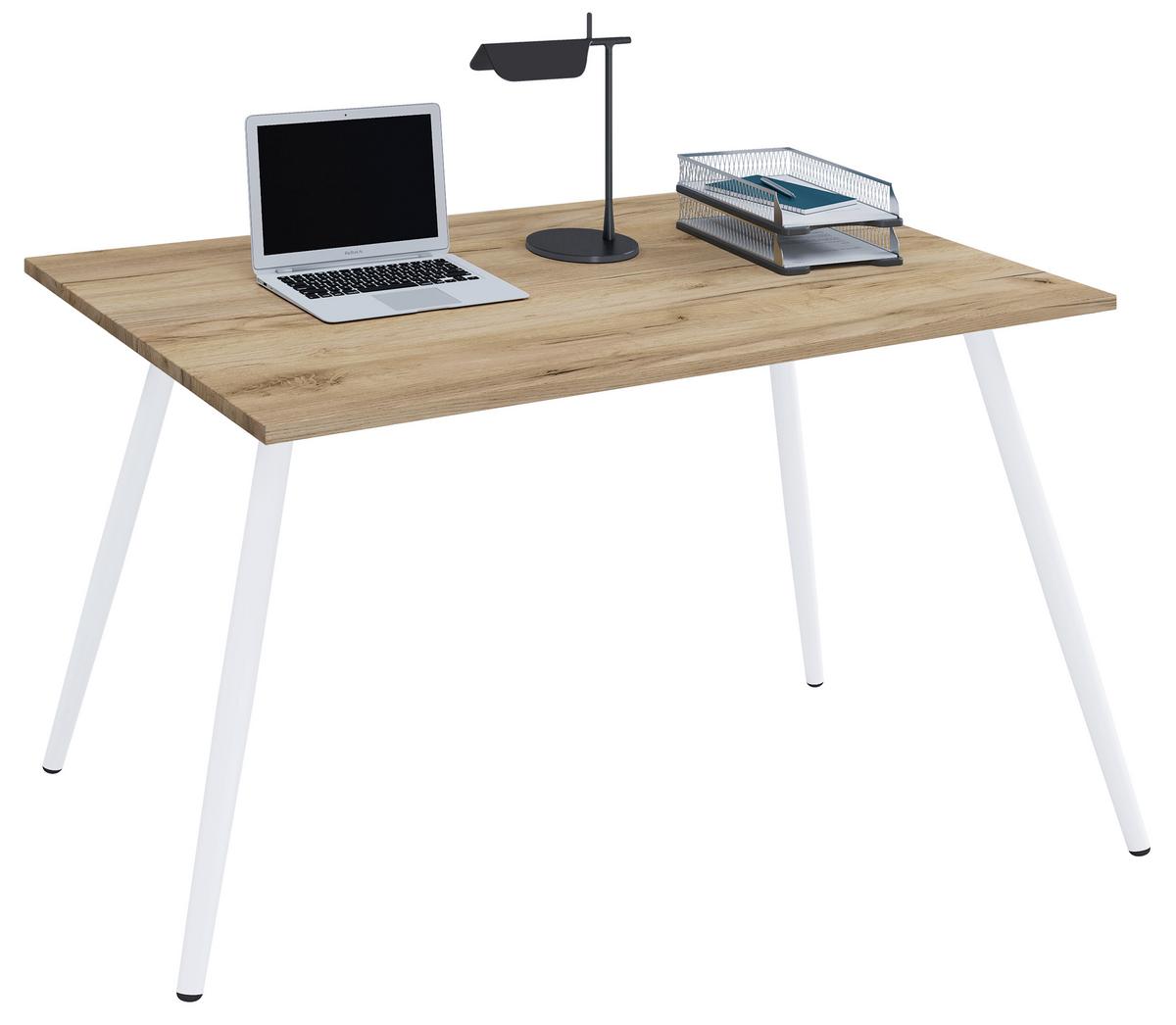 Schreibtisch Salia Weiß/Honigeichefarben: L:138cm - Honigeiche/Weiß, MODERN, Holzwerkstoff/Metall (138/80/70cm) - MID.YOU