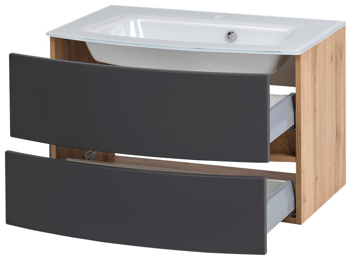 Waschbecken mit Unterschrank Kopenhagen B: 80 cm Weiß - Eichefarben/Anthrazit, KONVENTIONELL, Glas/Holzwerkstoff (80cm) - Held