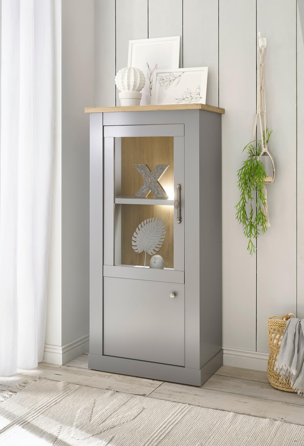 Vitrine Chambord Hellgrau/Eiche Dekor B: 68cm - Eichefarben/Hellgrau, Design, Holzwerkstoff (68/142/37cm) - MID.YOU