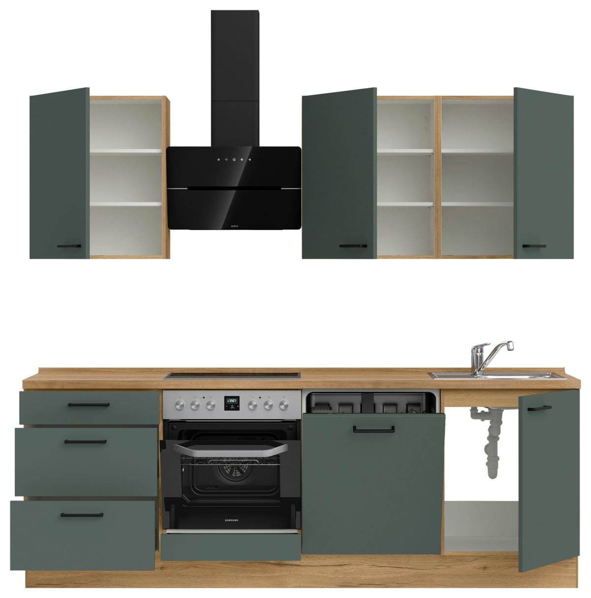 Kuchyňská linka 240 cm, minerální zelená,ultra matná - barvy dubu/černá, Moderní, kov/kompozitní dřevo (240cm) - Nobilia