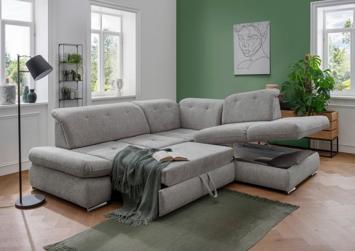 Ecksofa mit Schlaffunktion Dalida Silberfarben Chenille - Chromfarben/Silberfarben, Design, Textil (280/254cm) - Livetastic