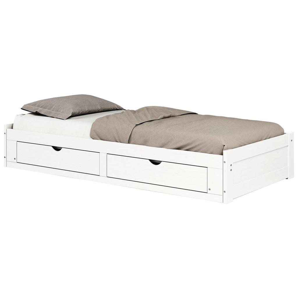 Ausziehbett Kiefer massiv mit Bettkasten 90x200cm Livio Weiß