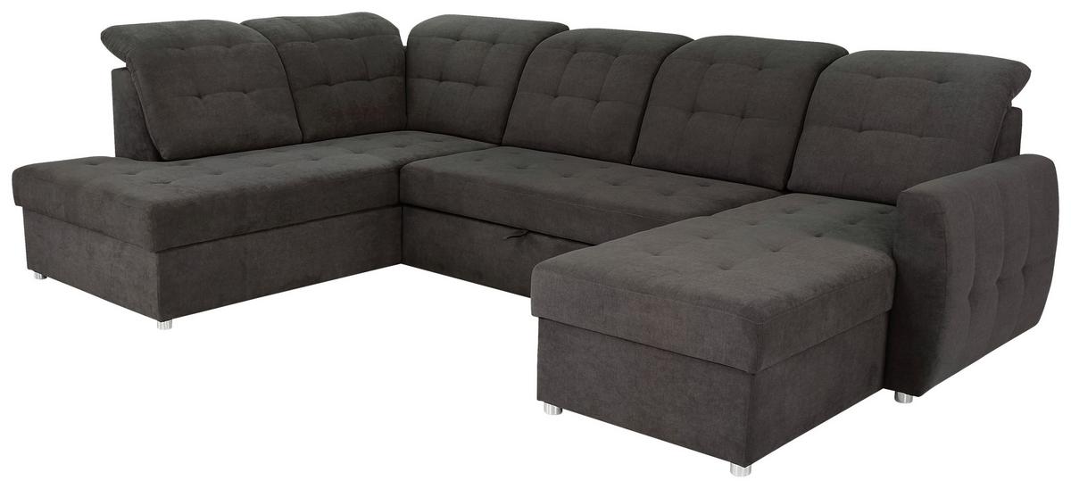 Rohová sedačka ATLAS U, levá, tmavě šedá, úl.prostor, lůžko - tmavě šedá/barvy chromu, Moderní, kov/dřevo (207/306/174cm)