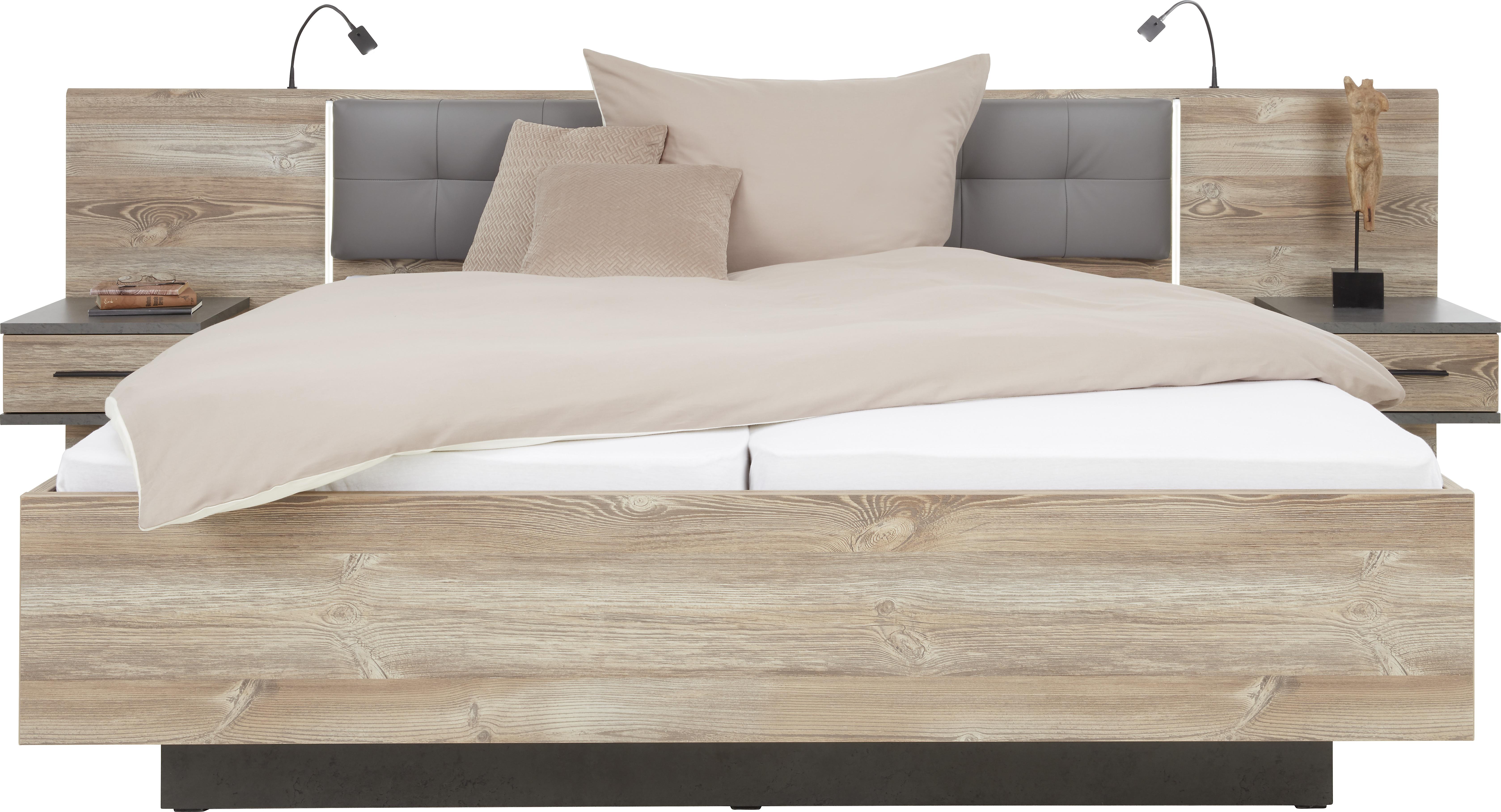 Manželská postel s čelem a nočními stolky Chanton - barvy borovice/tmavě šedá, Lifestyle, kompozitní dřevo/plast (180/200cm) - Based