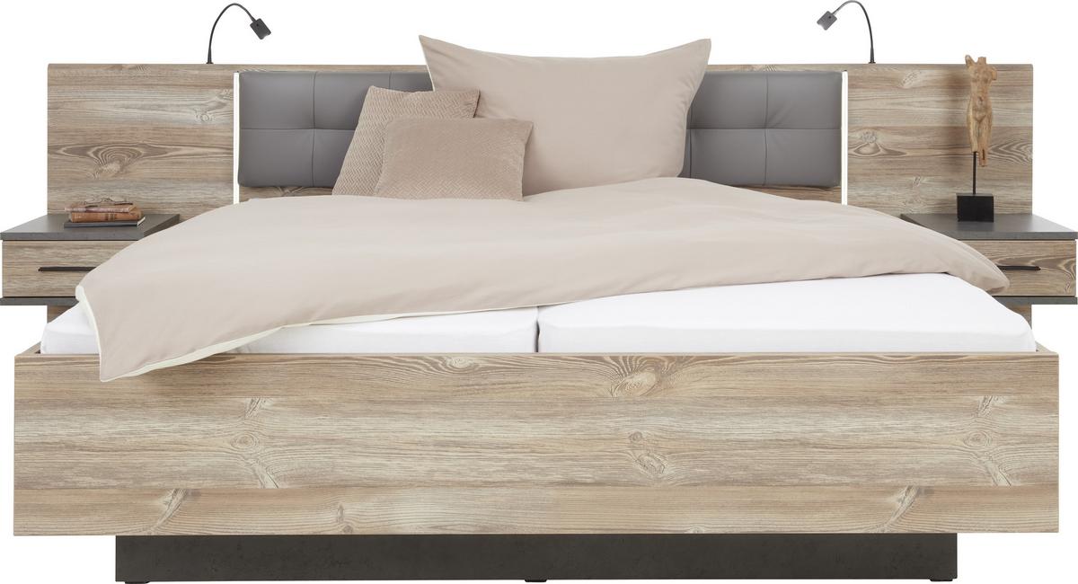 Manželská posteľ s čelom a nočnými stolíkmi Chanton - farba borovice/tmavosivá, Lifestyle, kompozitné drevo/plast (180/200cm) - Based