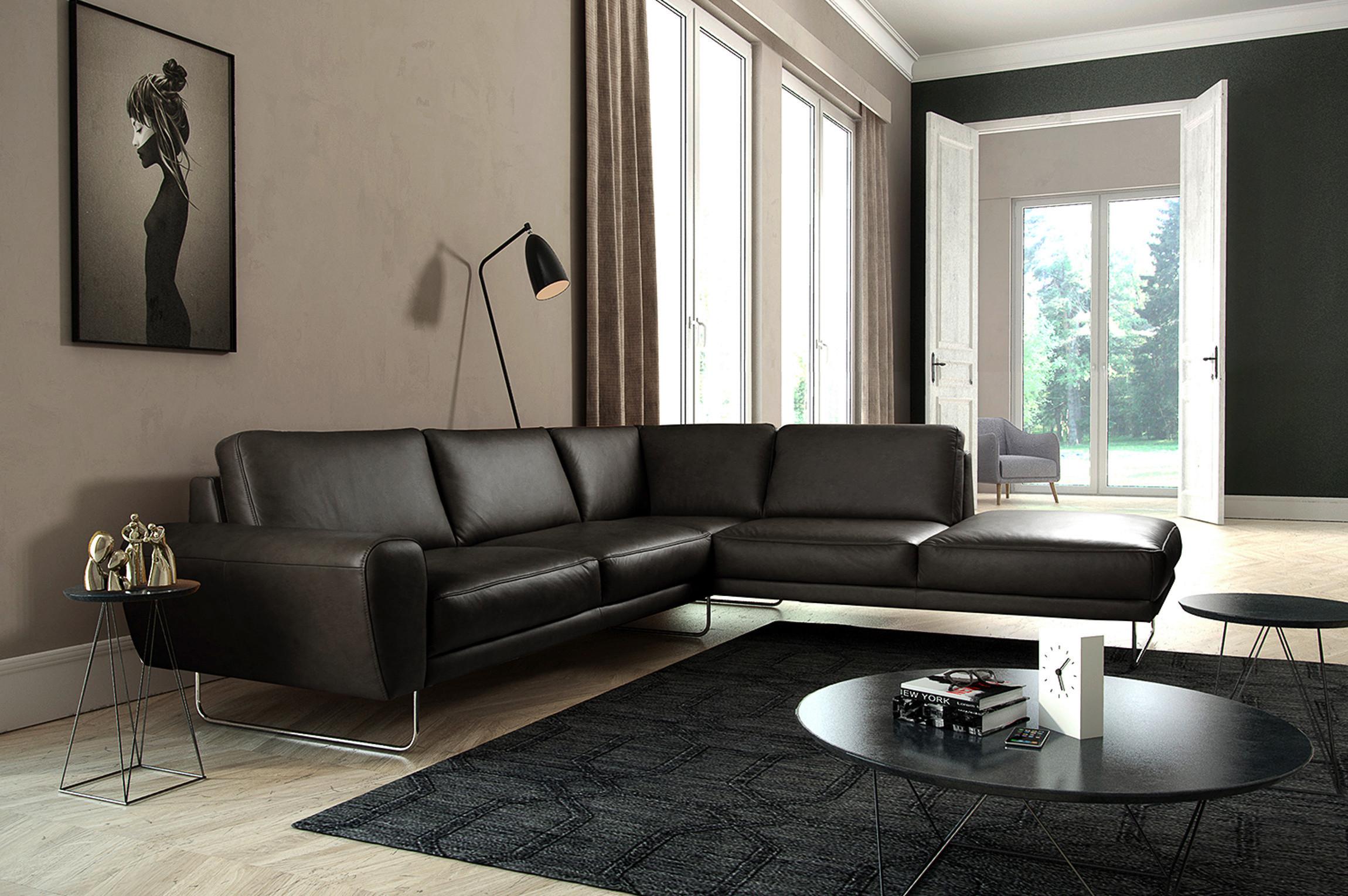 Ecksofa Spring Schwarz Chrom S: 273x250 cm - Chromfarben/Schwarz, Design, Leder (273/250cm) - Livetastic