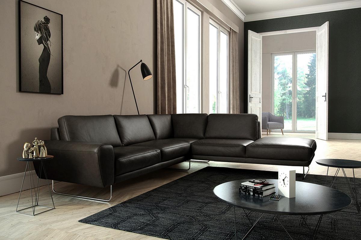 Ecksofa Spring Schwarz Chrom S: 273x250 cm - Chromfarben/Schwarz, Design, Leder (273/250cm) - Livetastic