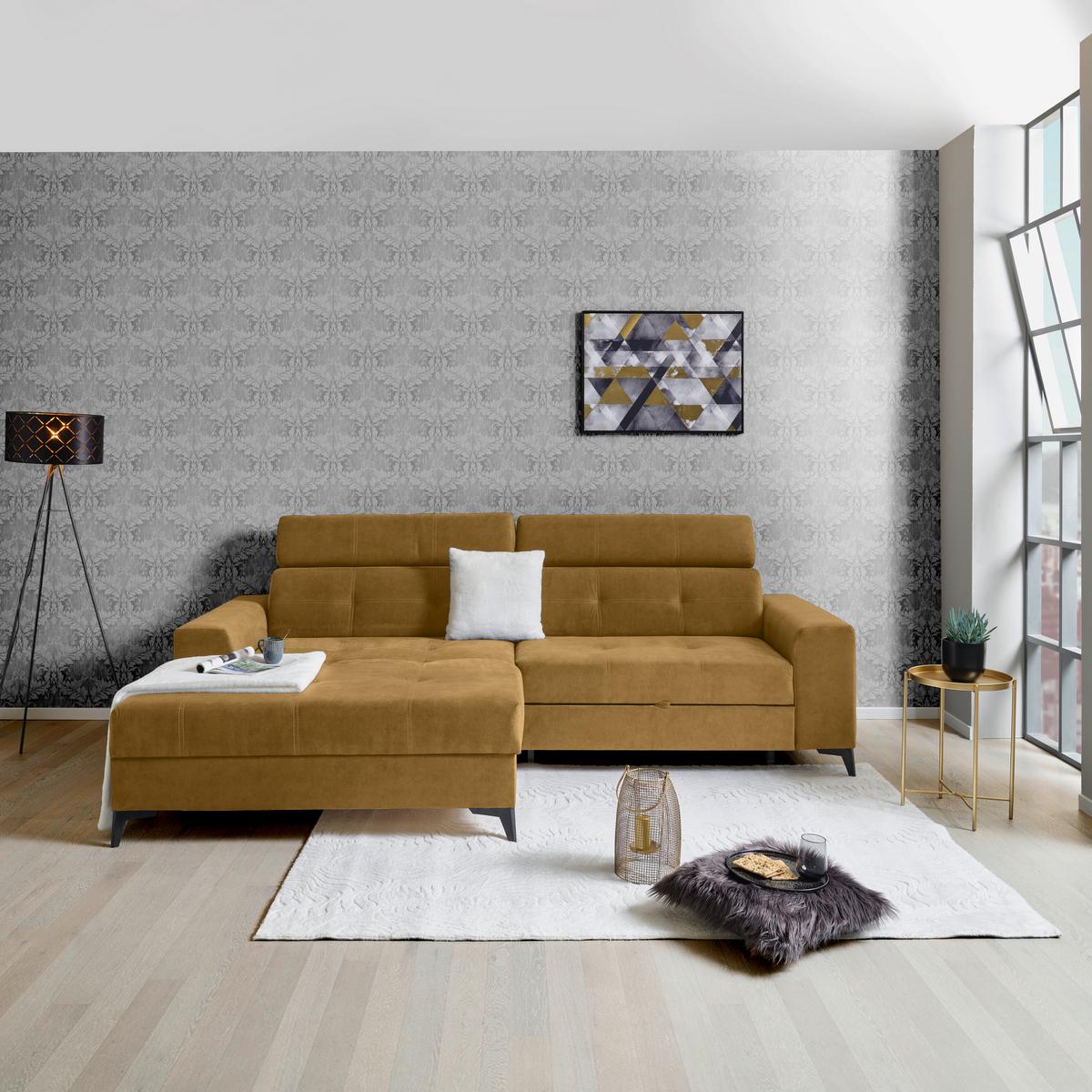 Ecksofa mit Schlaffunktion Florida Senfgelb Samt - Senfgelb, MODERN, Holz/Holzwerkstoff (175/275cm)
