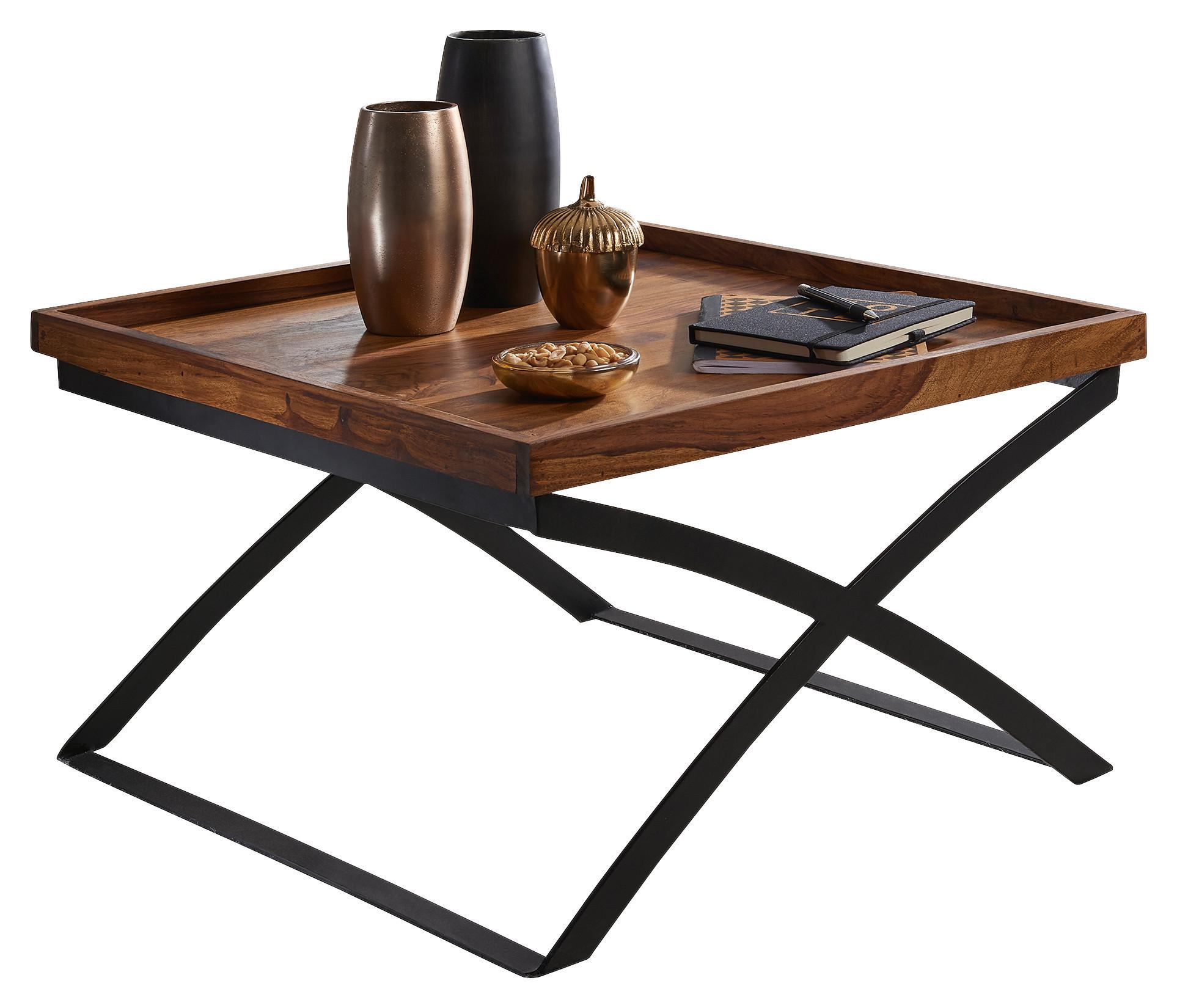 Couchtisch mit Holzplatte, Sheesham/Schwarz - Sheeshamfarben/Schwarz, Design, Holz/Metall (63/63/39cm) - MID.YOU