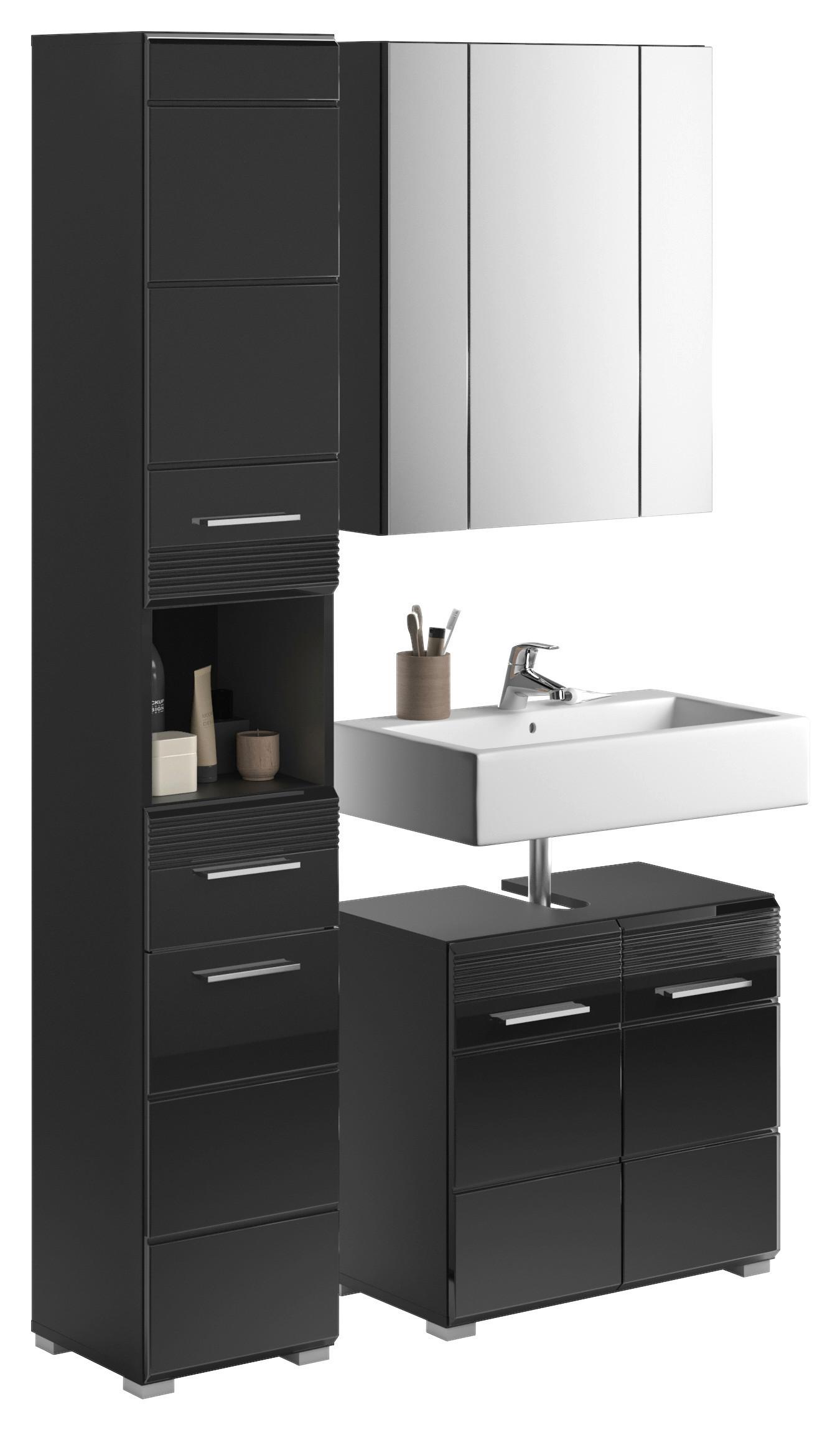 Badezimmer Linus Schwarz Hochglanz B:90cm - Schwarz Hochglanz/Silberfarben, MODERN, Holzwerkstoff (90cm) - MID.YOU
