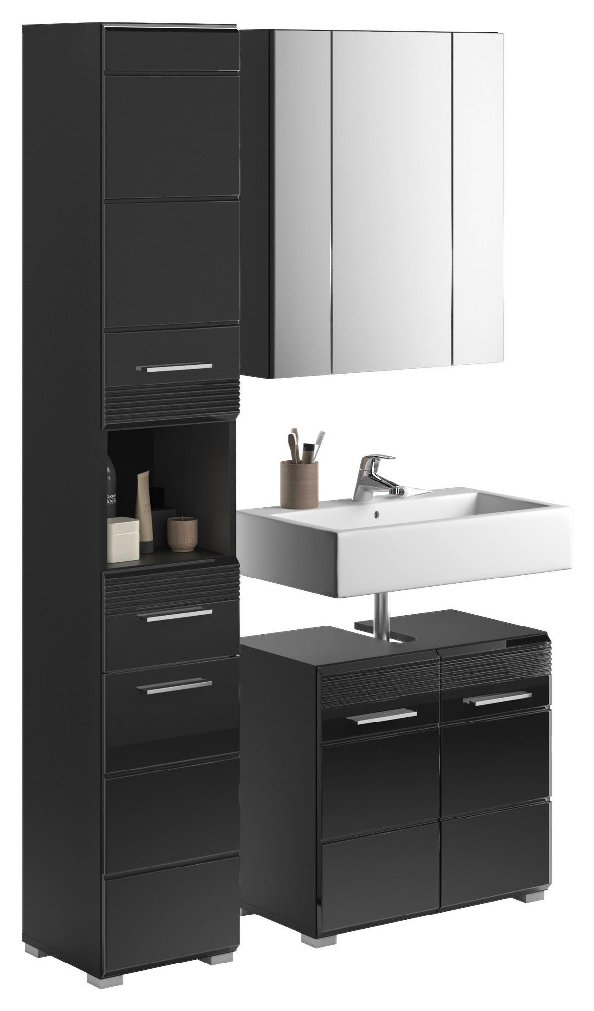 Badezimmer Linus Schwarz Hochglanz B:90cm - Schwarz Hochglanz/Silberfarben, MODERN, Holzwerkstoff (90cm) - MID.YOU