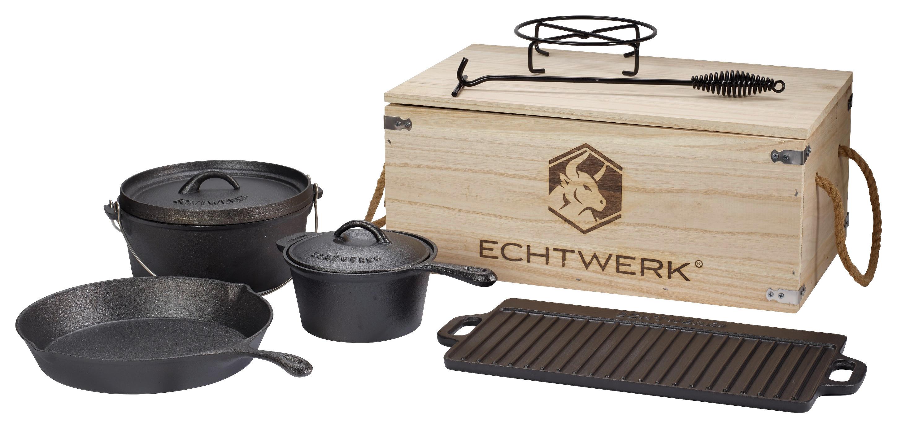 Dutch Oven 7-tlg. Gusseisen ø 24/16,5/30cm mit Deckelheber - Schwarz, Trend, Metall - Echtwerk