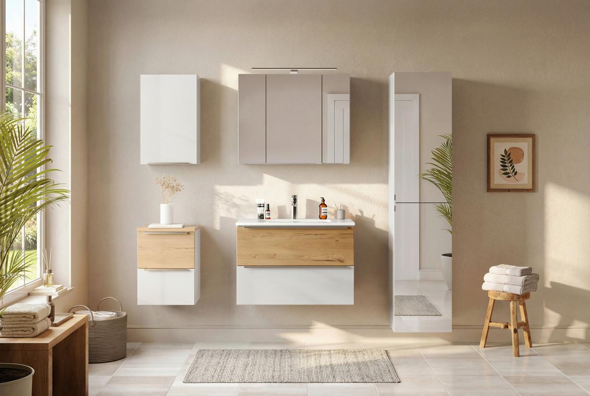 WASCHTISCHKOMBI Verona Weiß/Wildeiche B: 80cm - Wildeiche/Weiß, Trend, Holzwerkstoff/Stein (80/54/47cm) - Held