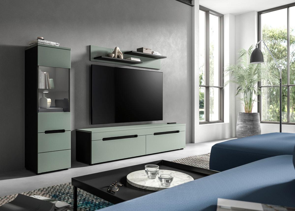 WOHNWAND Canu Graugrün B: 221cm - Schwarz/Graugrün, Design, Holzwerkstoff (221/141/33cm) - Livetastic