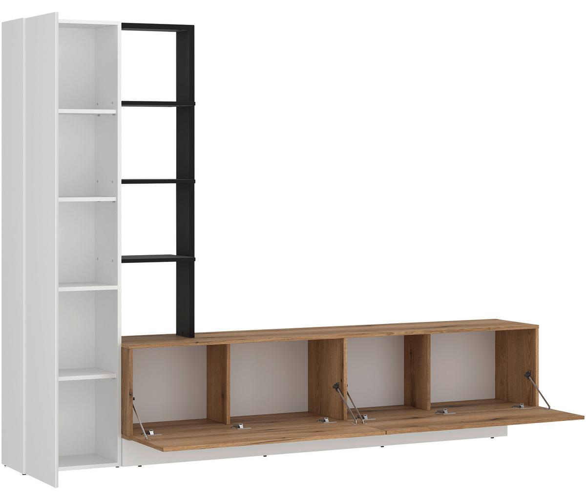 Wohnwand Tevisa B: 230 cm Alpinweiss/Eichefarben - Eichefarben/Schwarz, MODERN, Holzwerkstoff (230/180/41,6cm)
