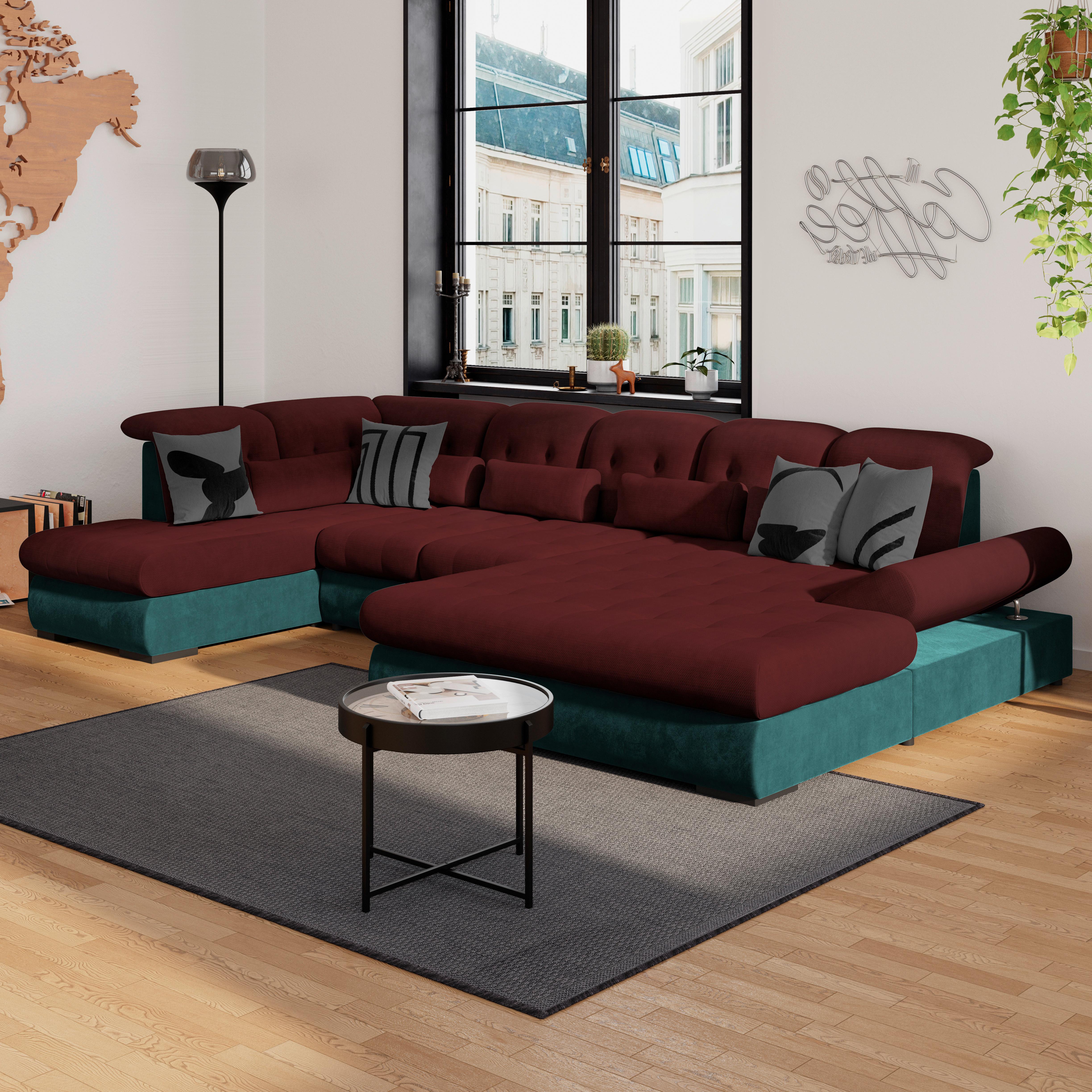 Wohnlandschaft Madera Rubinrot U: 212x358x190 cm - Türkis/Rot, KONVENTIONELL, Kunststoff/Textil (212/358/190cm)