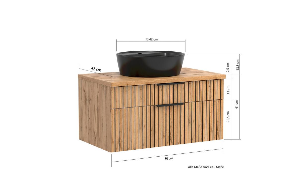 Waschbecken Mit Unterschrank Chester B: 80 Cm - Eiche Wotan/Schwarz, MODERN, Holzwerkstoff/Stein (80cm) - Held