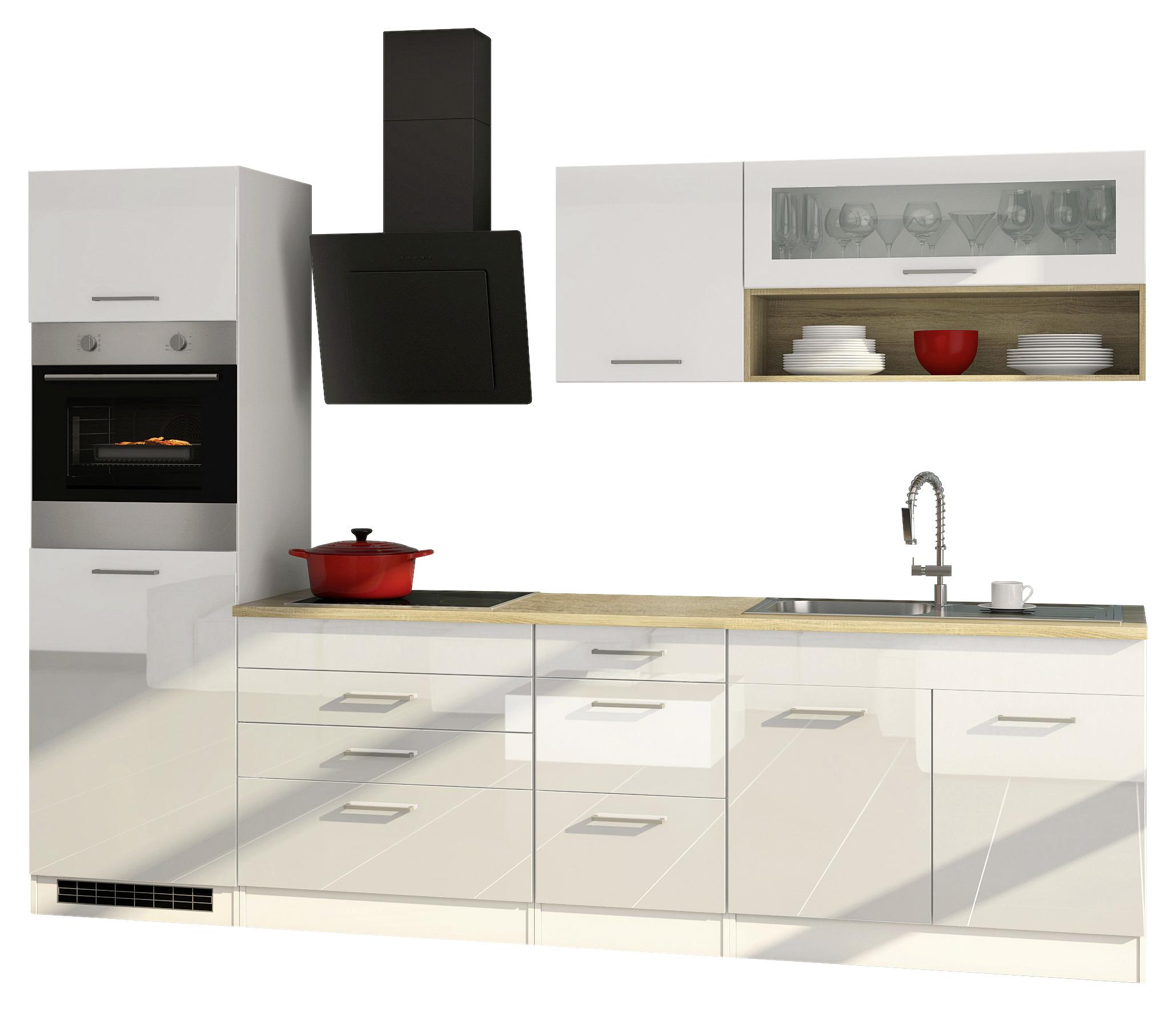 Küchenzeile Mailand mit Geräten 290 cm Weiß Hochglanz - Eichefarben/Weiß, MODERN, Holzwerkstoff (290cm) - MID.YOU