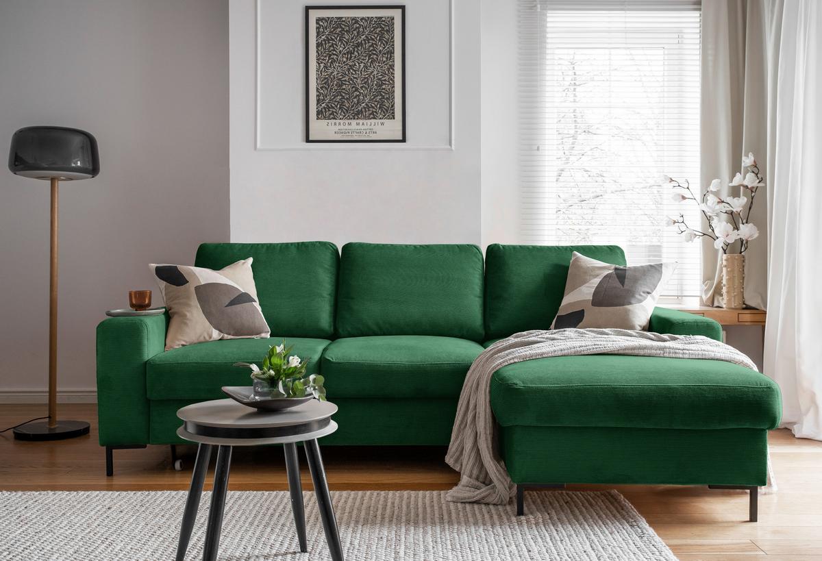 Rohová sedačka LEONIE, pravá, smaragdovozelený menčester - čierna/smaragdovozelená, Design, kov/drevo (236/148cm)