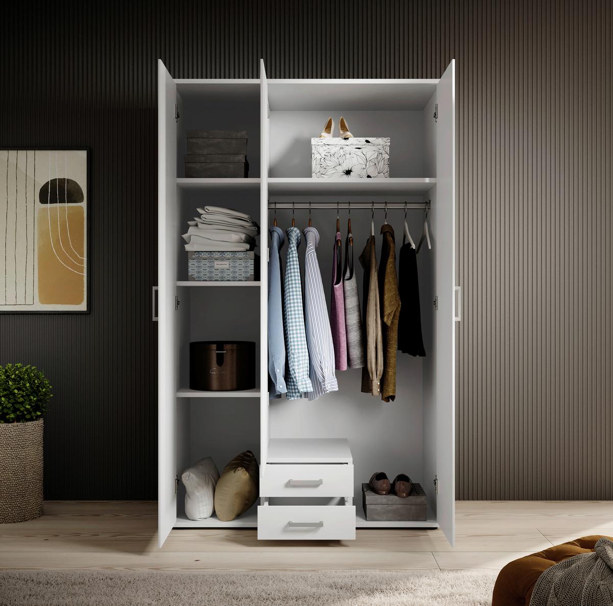Drehtürenschrank Mit 2 Laden 120 Cm Paul, Weiß 3-Türig - Weiß, Basics, Glas/Holzwerkstoff (120/196/54cm)