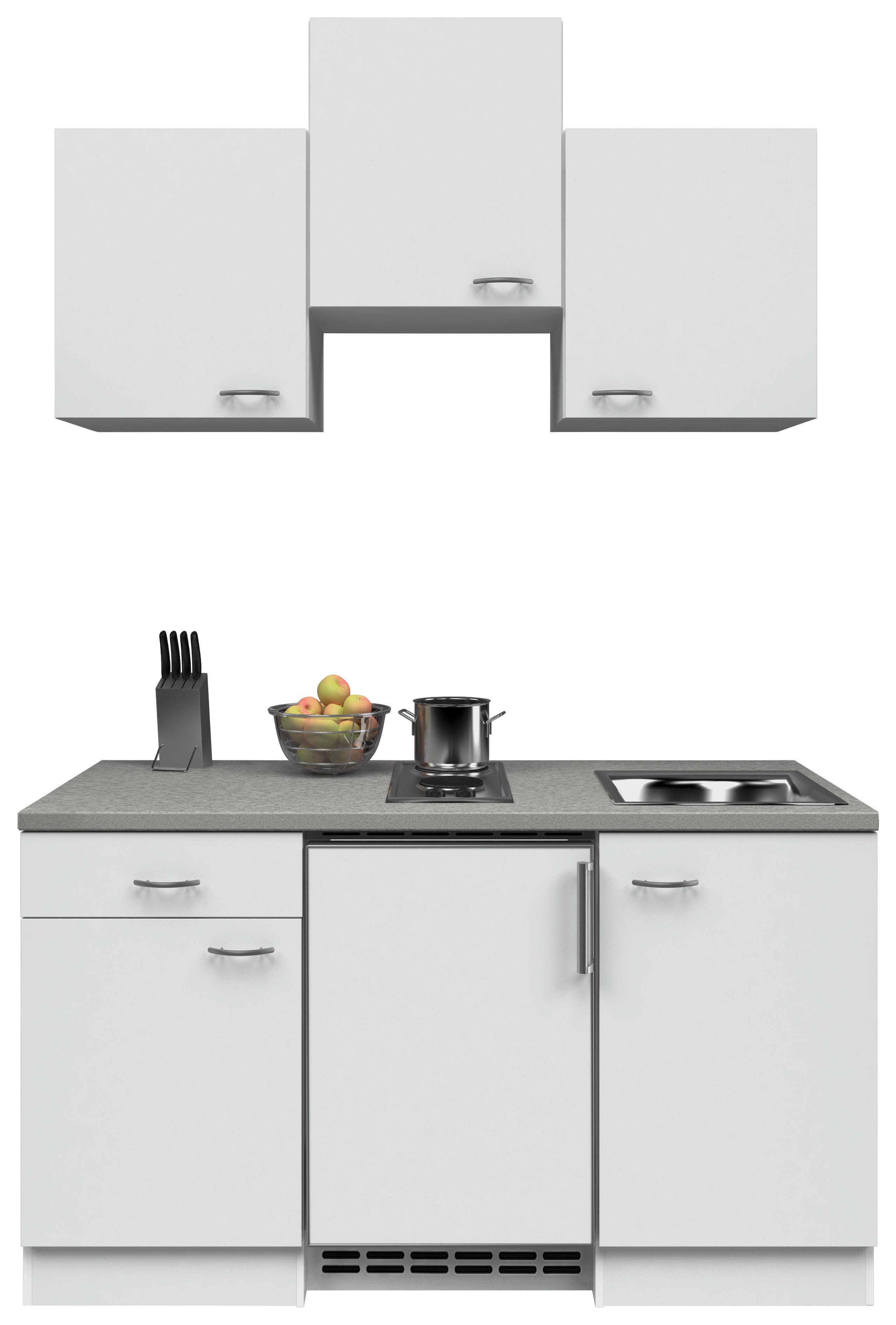 Miniküche m. Kühlschrank + Kochfeld 150cm Weiß/Grau Dekor - Hellgrau/Weiß, MODERN, Holzwerkstoff (150cm) - FlexWell