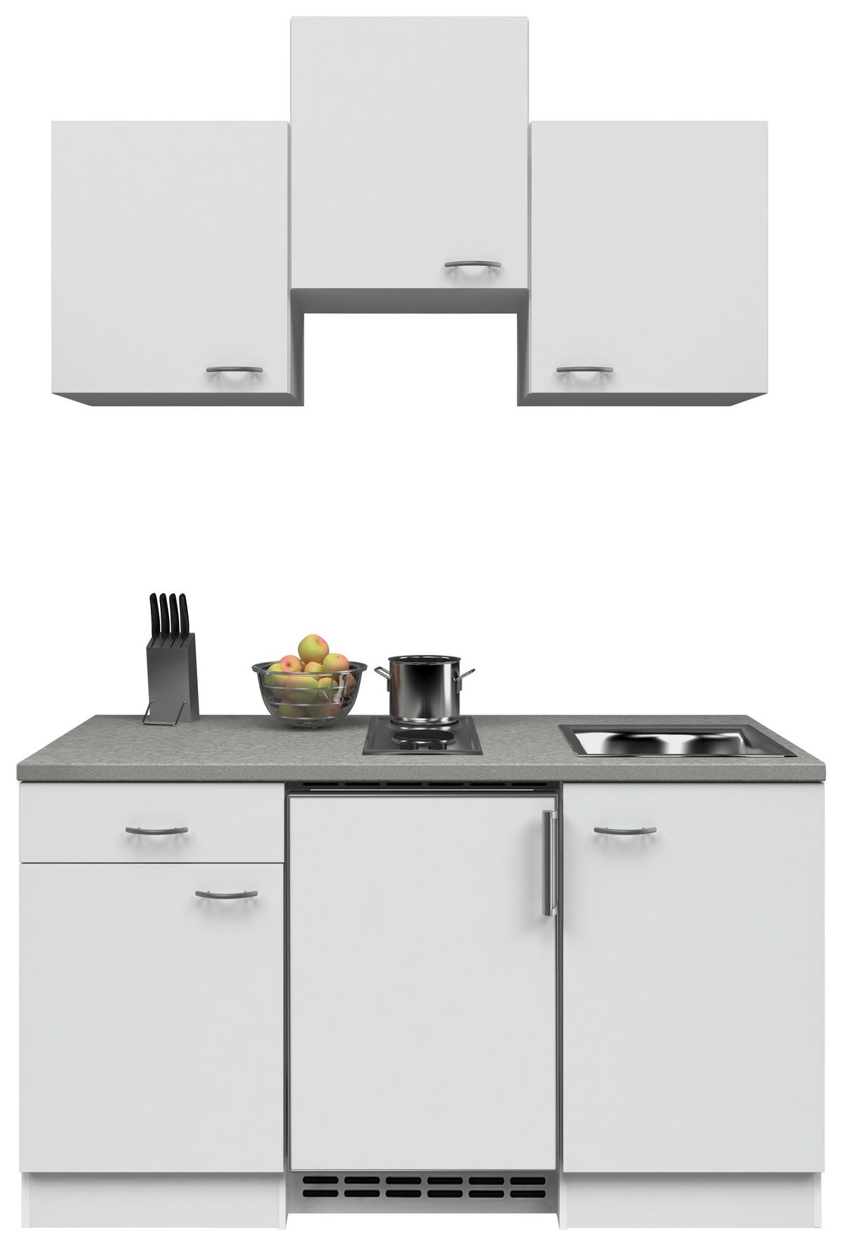 Miniküche m. Kühlschrank + Kochfeld 150cm Weiß/Grau Dekor - Hellgrau/Weiß, MODERN, Holzwerkstoff (150cm) - FlexWell