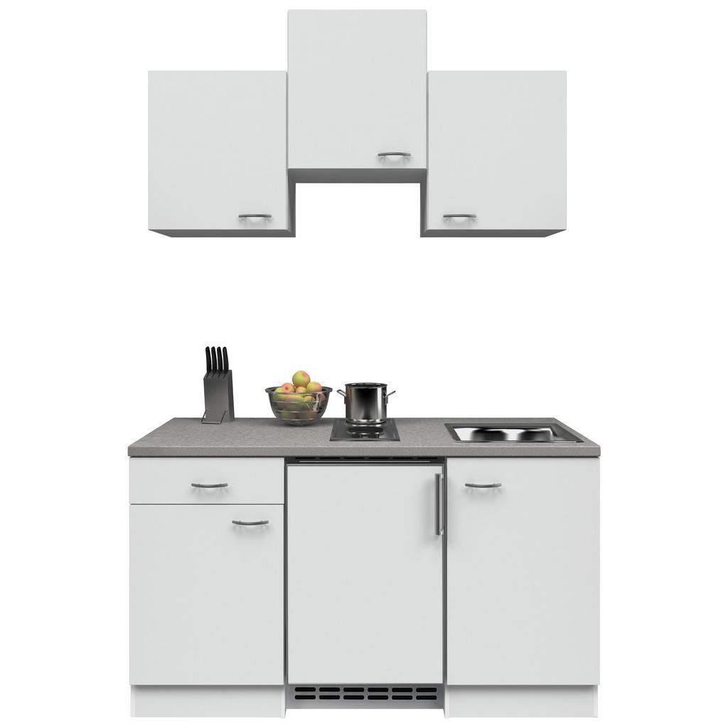 Miniküche m. Kühlschrank + Kochfeld 150cm Weiß/Grau Dekor