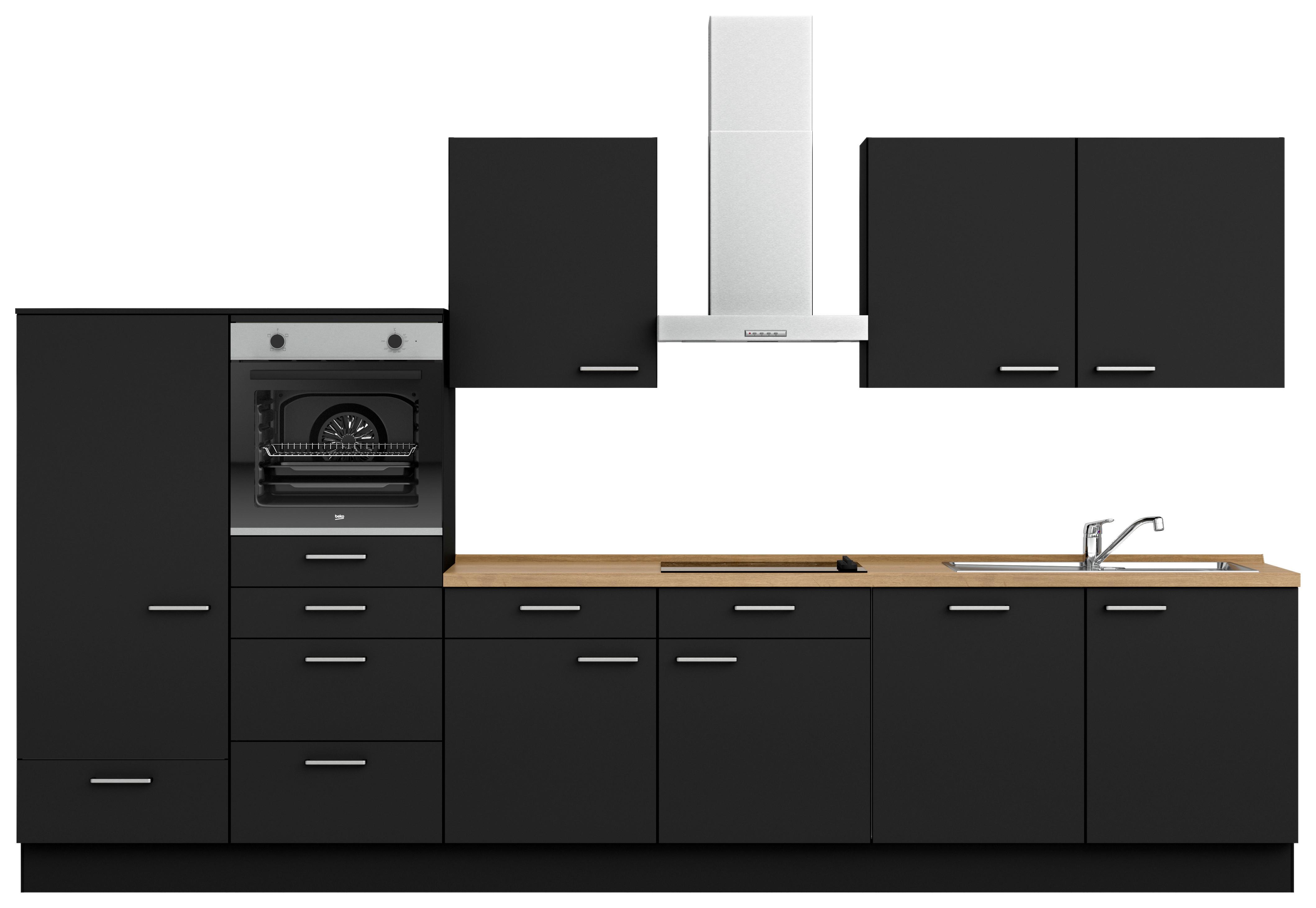 Kuchynská linka 360 cm, čierna matná - čierna/farba ušľachtilej ocele, Modern, kov/kompozitné drevo (360cm) - Nobilia