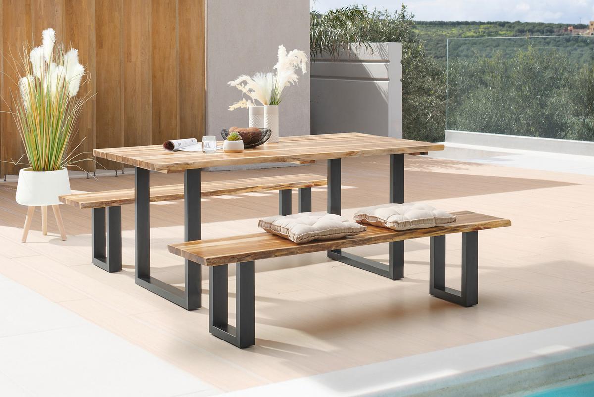 Gartentisch Bern Aus Akazienholz/Metall L: 180 cm - Schwarz/Akaziefarben, MODERN, Holz/Metall (180/76/90cm) - Beldano