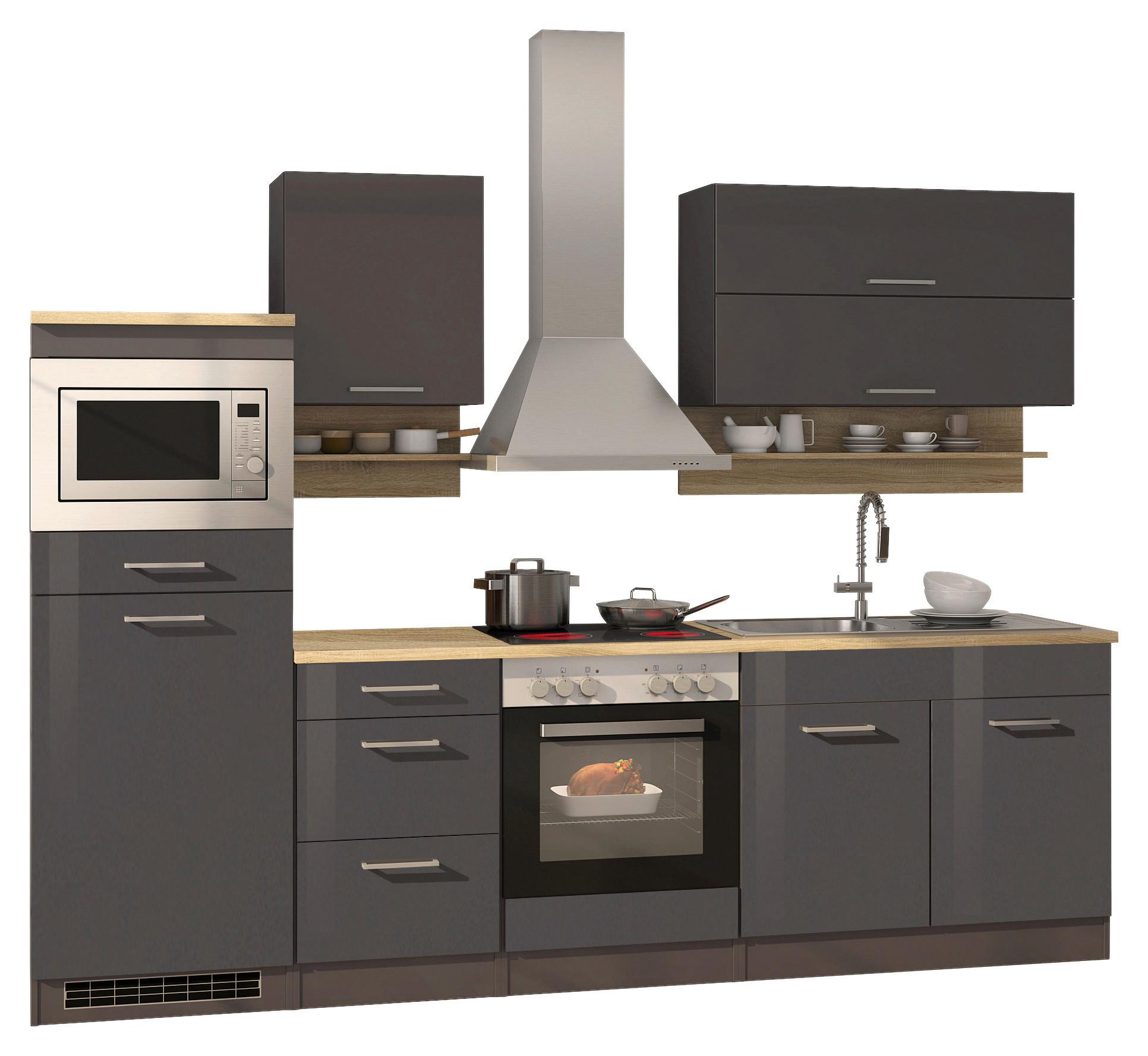 Küchenzeile Mailand mit Geräten 270 cm Anthrazit Hochglanz - Eichefarben/Anthrazit, MODERN, Holzwerkstoff (270cm) - Held