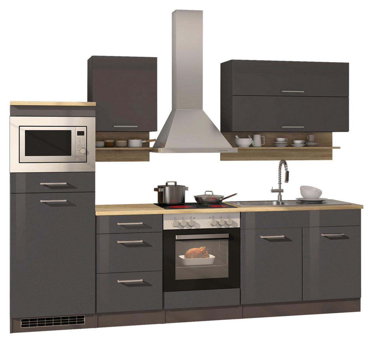 Küchenzeile Mailand mit Geräten 270 cm Anthrazit Hochglanz - Eichefarben/Anthrazit, MODERN, Holzwerkstoff (270cm) - Held