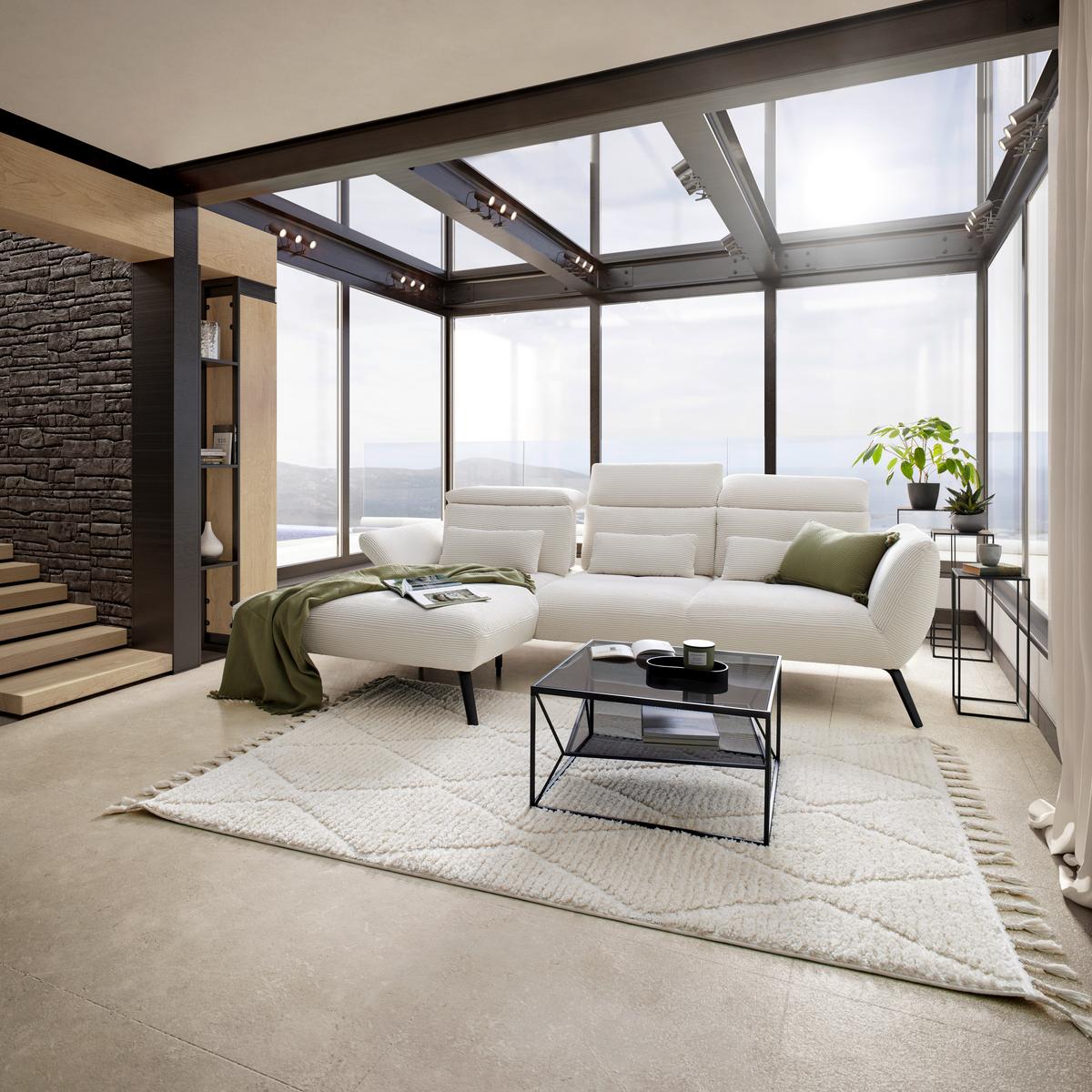Rohová sedačka SEATTLE, levá, bílý manšestr, bez polštářů - bílá/černá, Moderní, kov/kompozitní dřevo (196/301cm) - Premium Living
