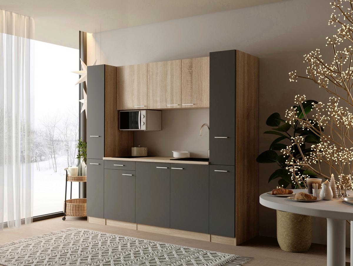 KÜCHENBLOCK Ingrid, Grau B: 210 cm - Eichefarben/Grau, Design, Holzwerkstoff (210cm) - Respekta