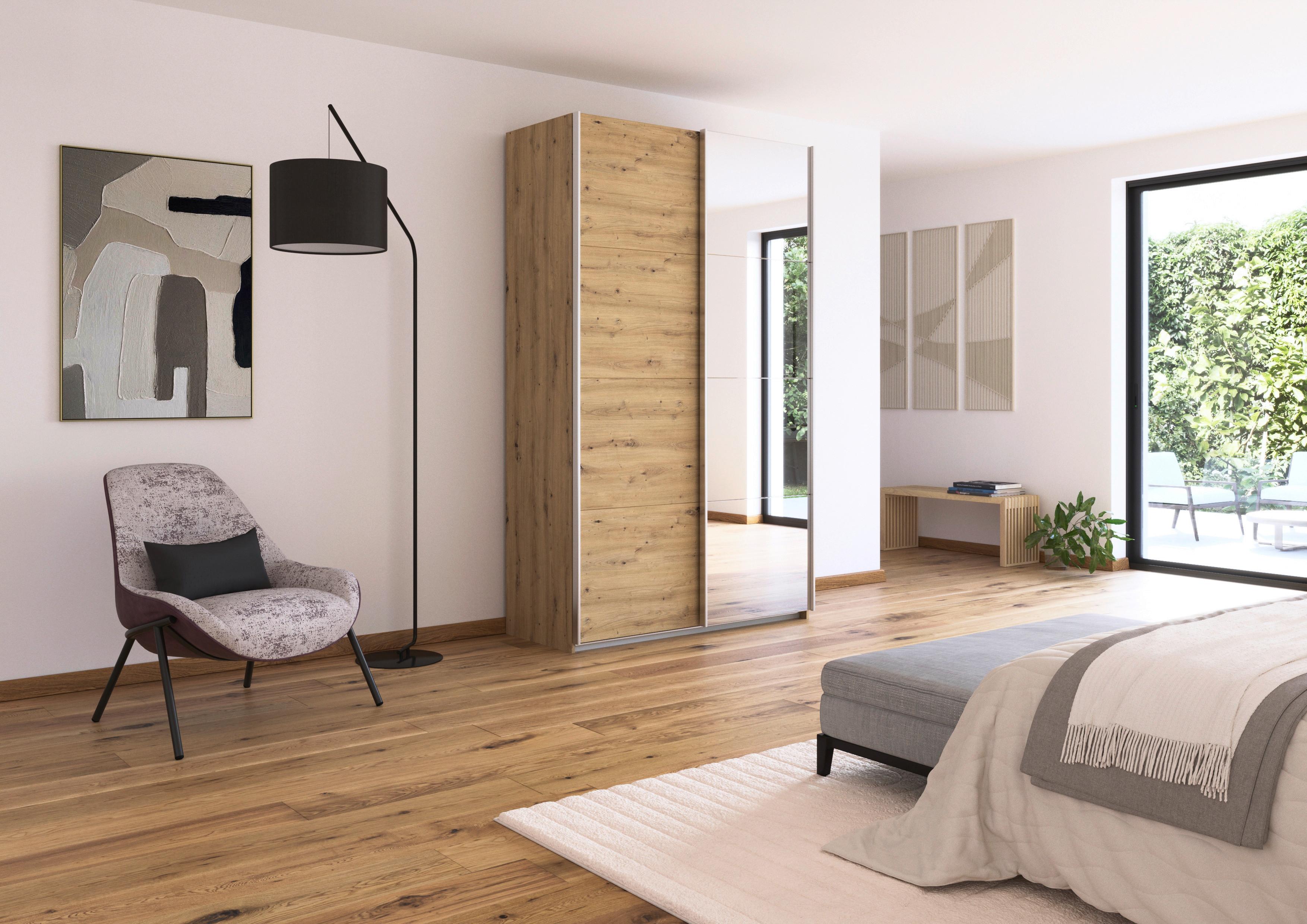 Schwebetürenschrank + Spiegel B: 136cm Feldkirch Eiche Dekor - Silberfarben/Eiche Artisan, MODERN, Holzwerkstoff (136/229/62cm)