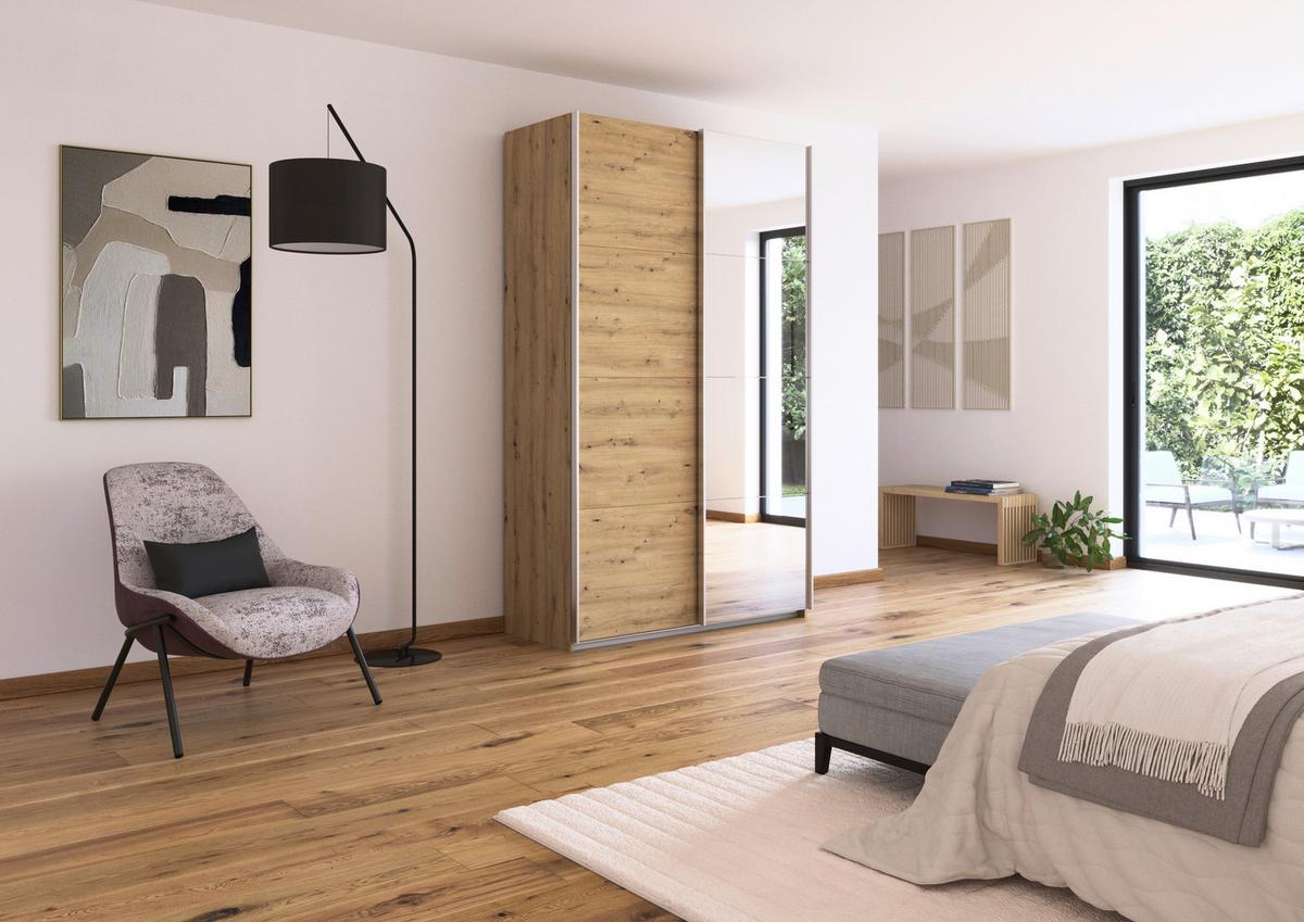 Schwebetürenschrank + Spiegel B: 136cm Feldkirch Eiche Dekor - Silberfarben/Eiche Artisan, MODERN, Holzwerkstoff (136/229/62cm)
