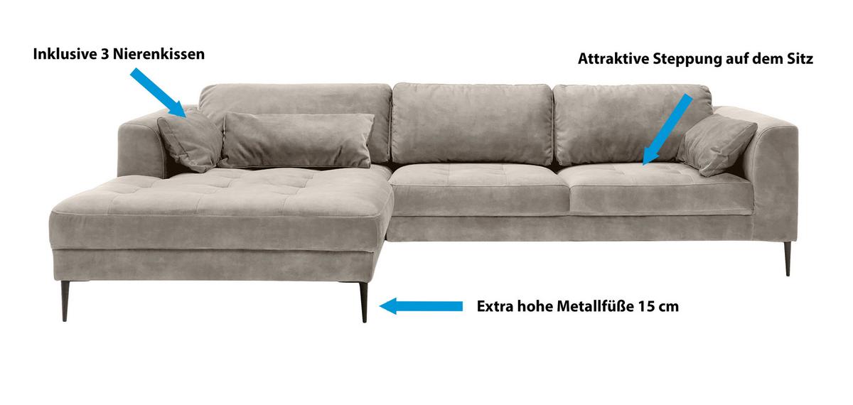 Ecksofa Luzi - Hellgrau/Schwarz, MODERN, Textil (280/168cm) - Trendmanufaktur