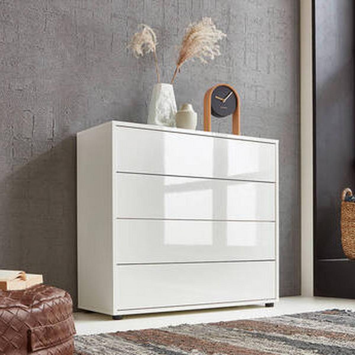 Kommode Mailand Weiß/weiß Hg B: 79cm - Weiß Hochglanz/Schwarz, MODERN, Holzwerkstoff (79/73/33cm) - MID.YOU